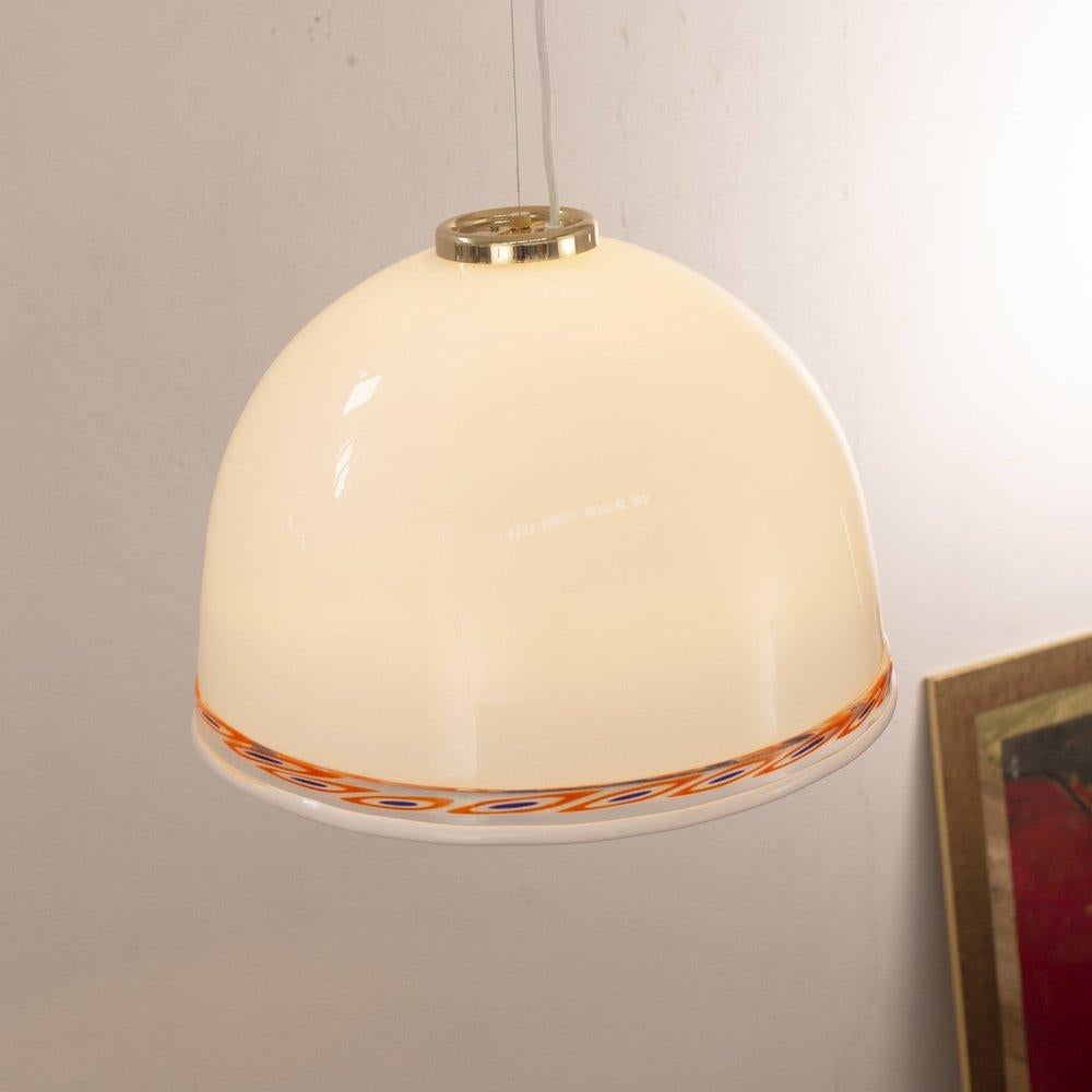 Italian Pendant Lamp in White Murano Glass with Red Murrine, Italy For Sale