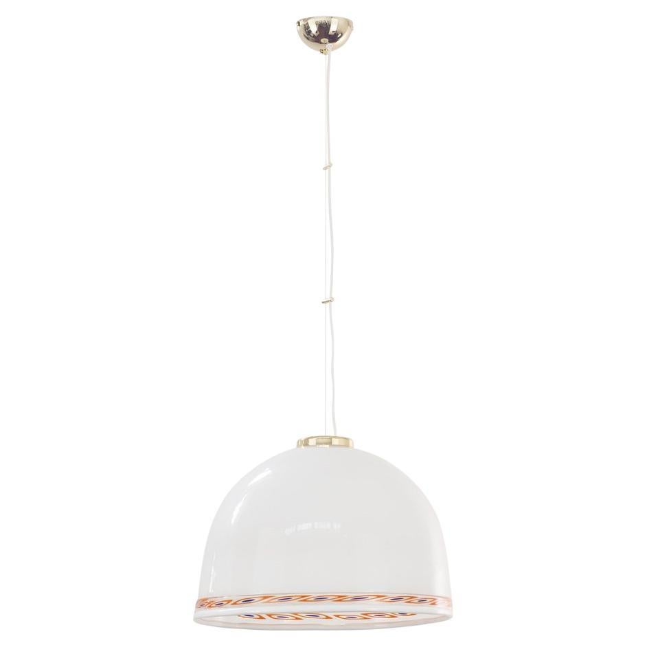 Spectacular Murano glass hanging lamp, milk white with blue red murrine 45 cm with brass frame, 1980s

Additional information:
Material: Glass, Murano Glass, Hand Blown Glass
Style: Vintage, Modern Italian
Color: Blue, Red, White
Design period: 1980