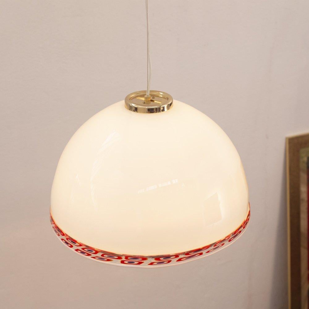 Italian Pendant Lamp White Murano Glass Red Murrine by Effetre International Italy 1980s For Sale