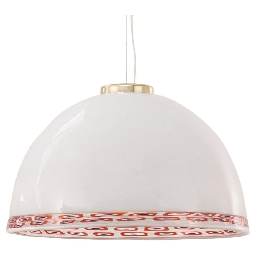 Pendant Lamp White Murano Glass Red Murrine by Effetre International Italy 1980s