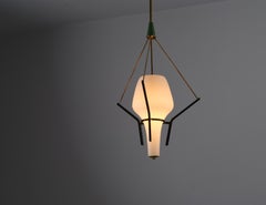 Pendant Lamp, Italian Designer, Brass, Steel, Opaline Glass, Italy, 1950s