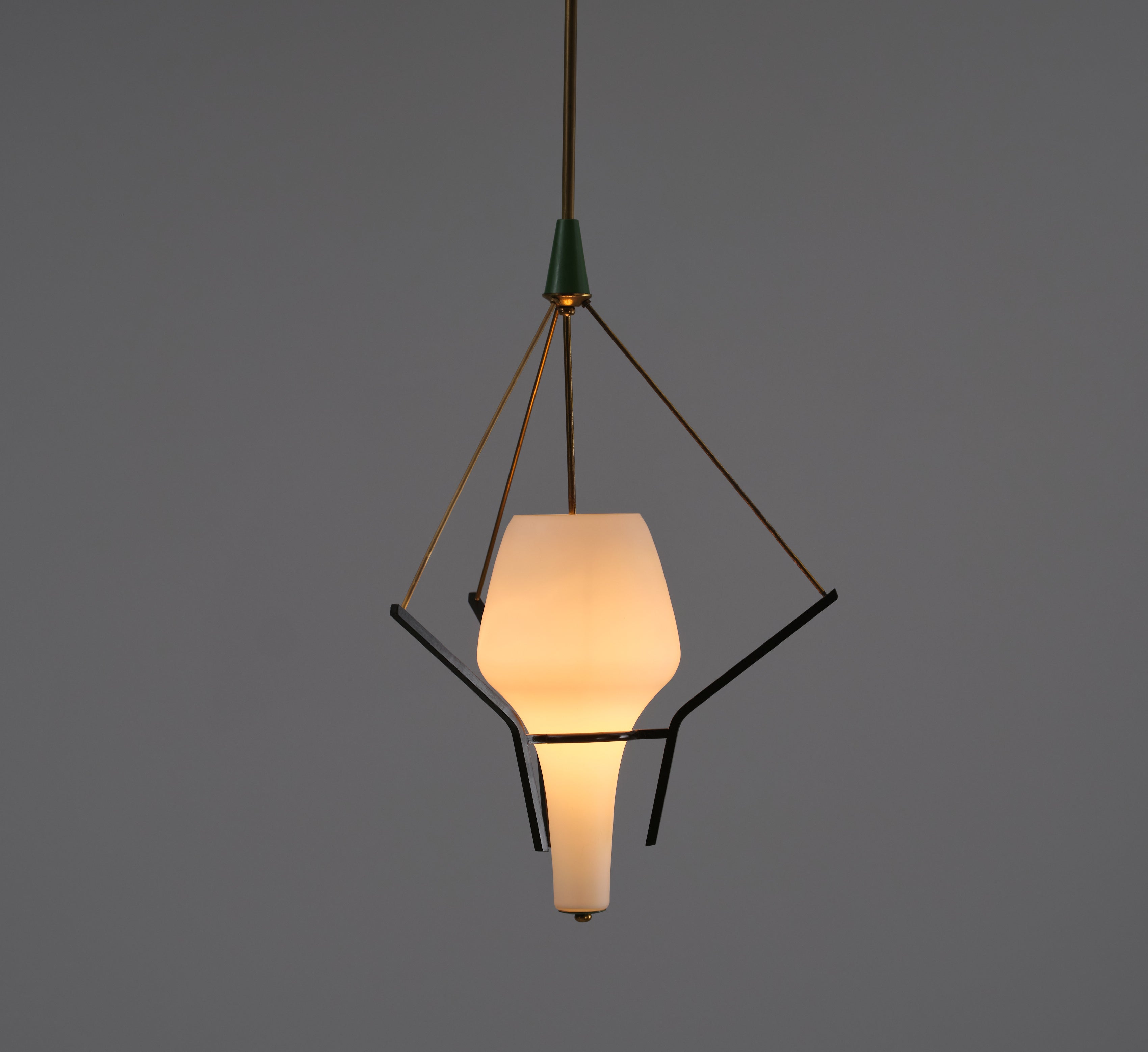 Mid-Century Modern Pendant Lamp, Italian Designer, Brass, Steel, Opaline Glass, Italy, 1950s For Sale