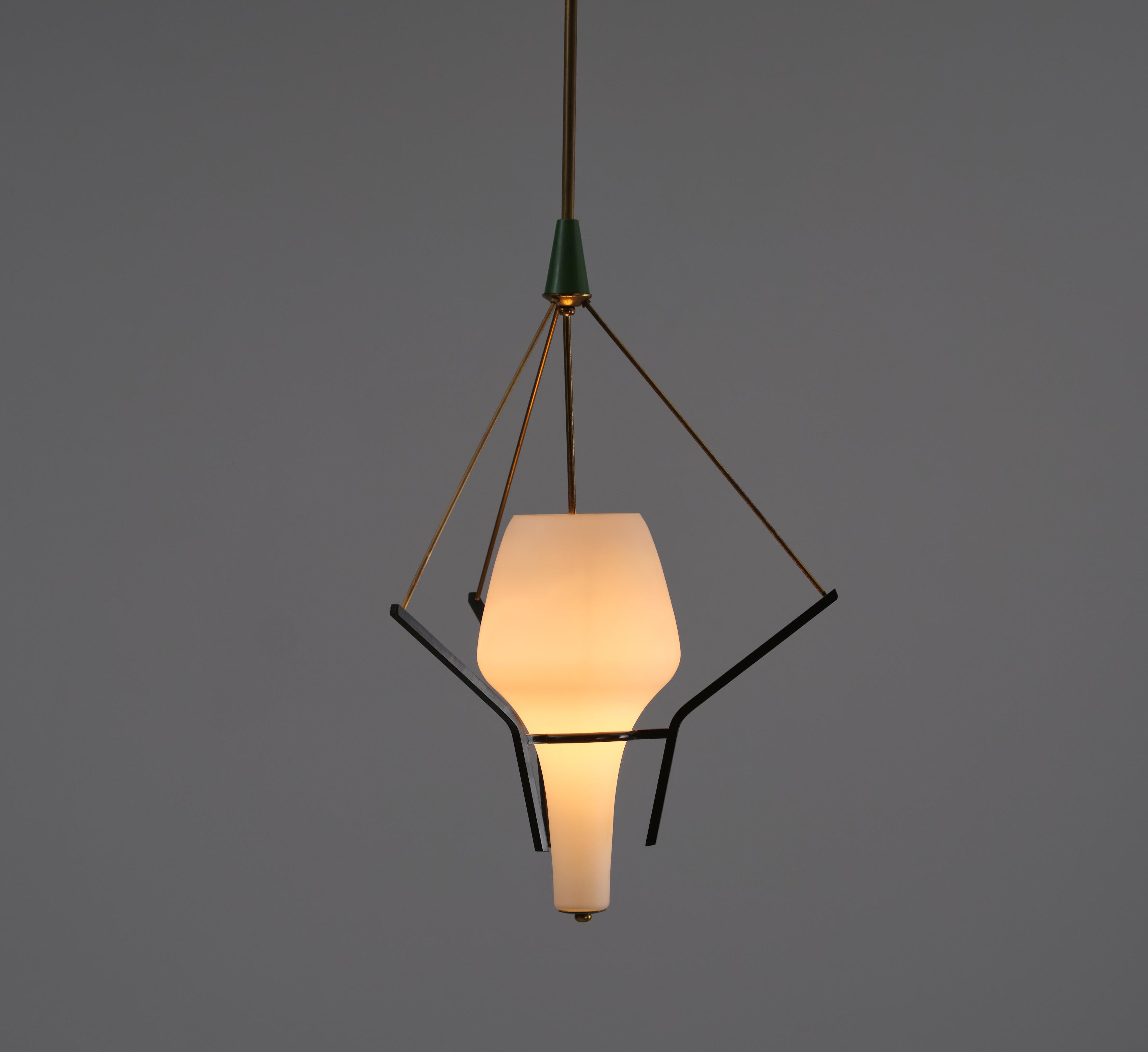 Pendant Lamp, Italian Designer, Brass, Steel, Opaline Glass, Italy, 1950s For Sale 1
