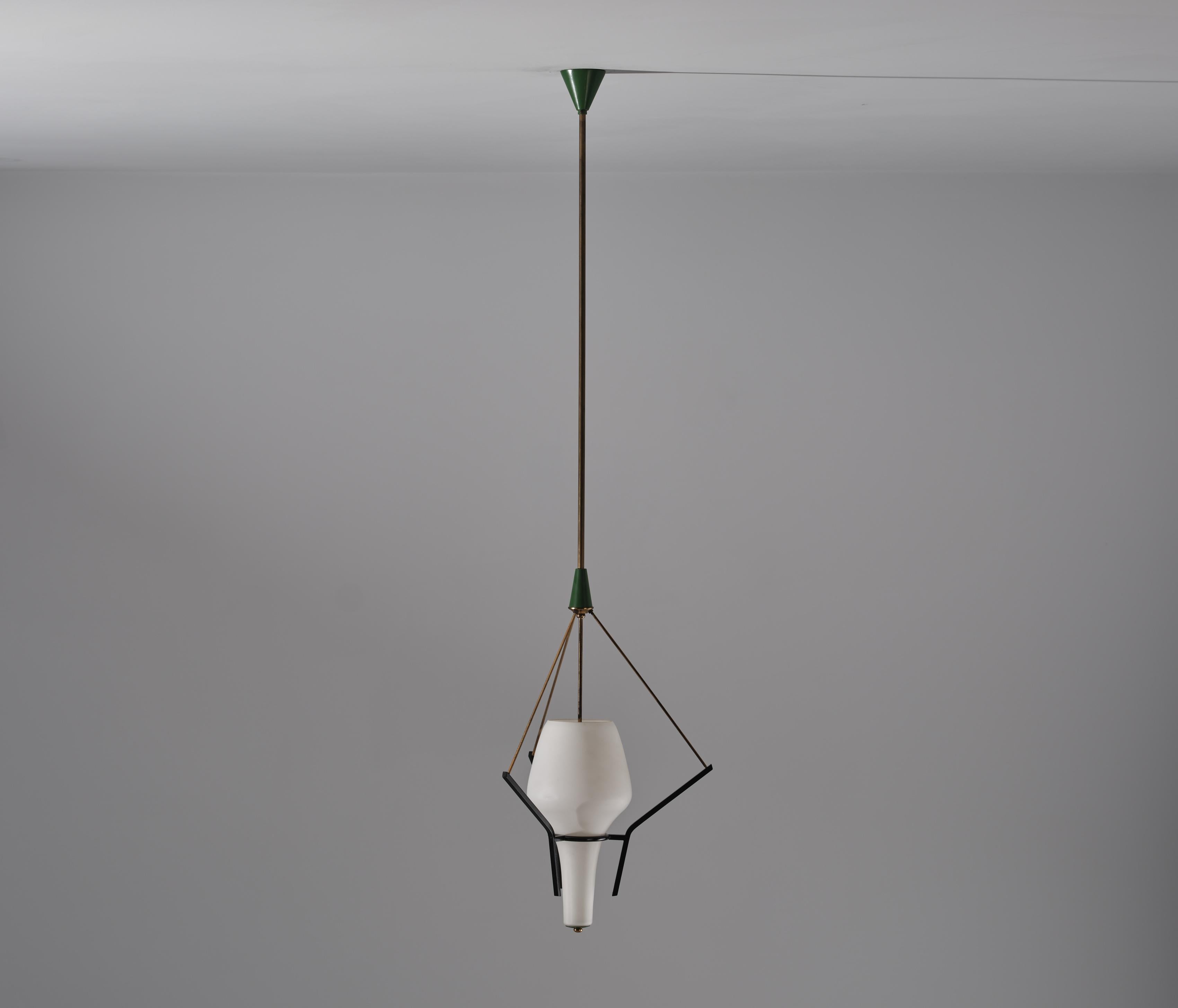 Pendant Lamp, Italian Designer, Brass, Steel, Opaline Glass, Italy, 1950s For Sale 3