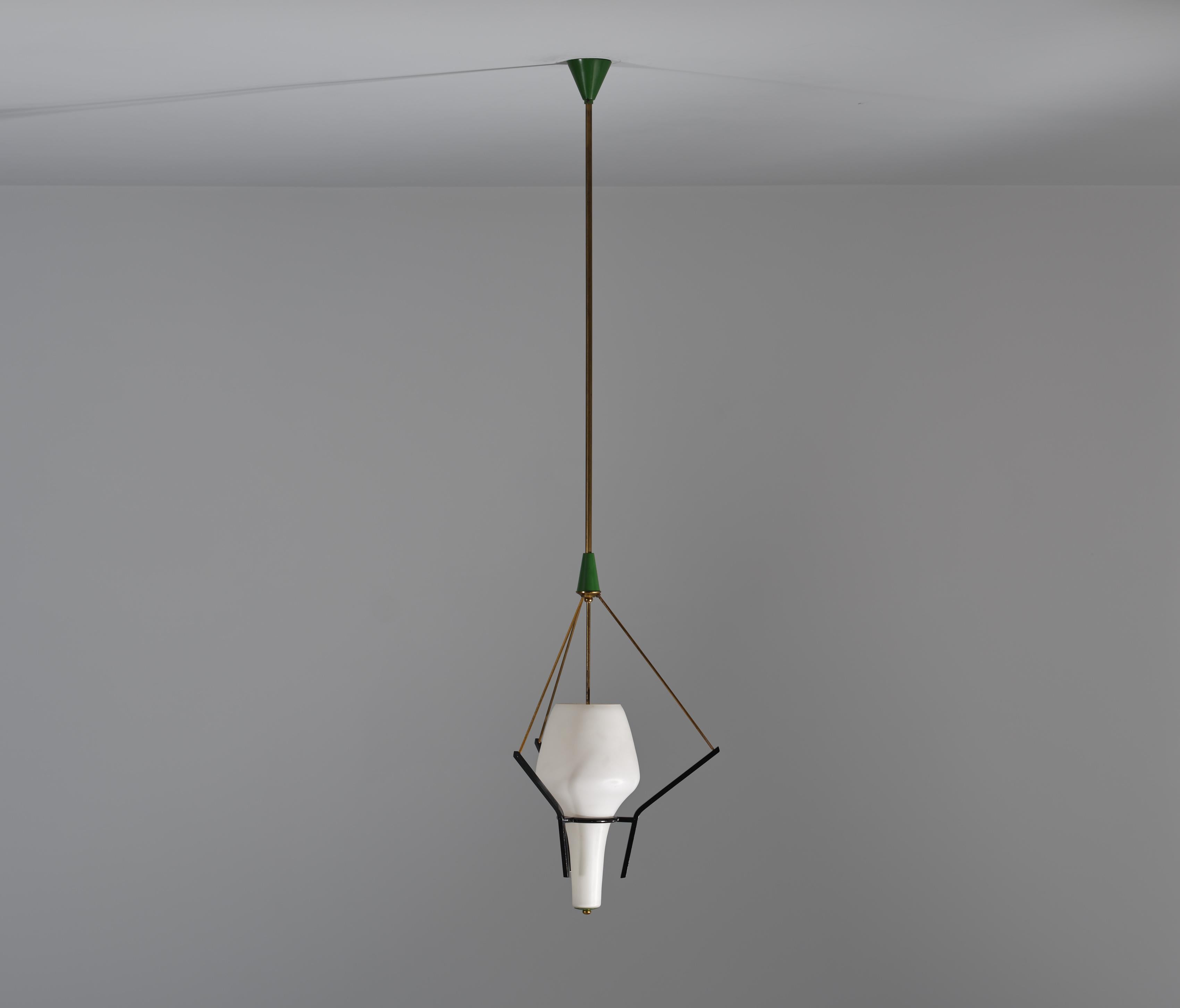 Pendant Lamp, Italian Designer, Brass, Steel, Opaline Glass, Italy, 1950s For Sale 4