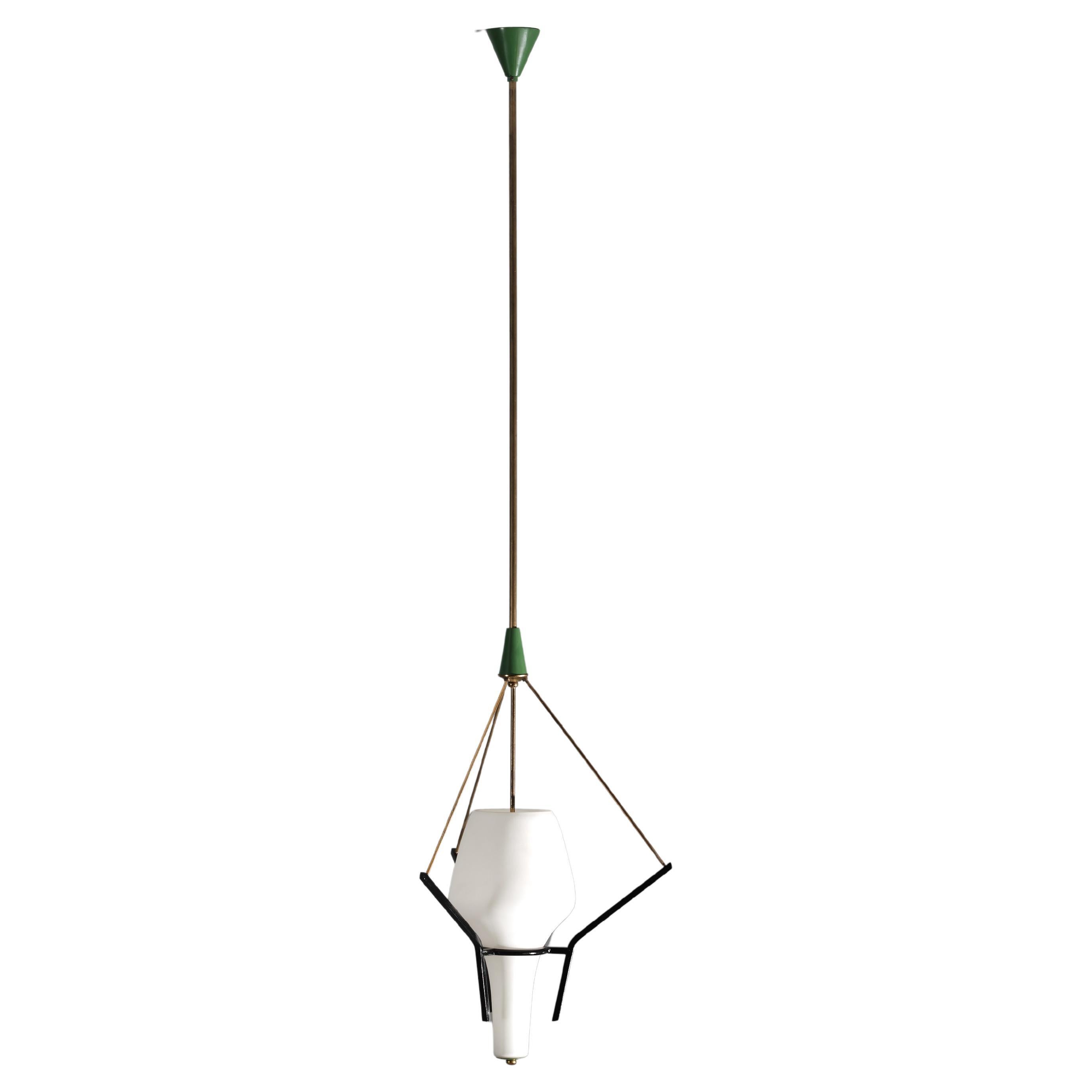 Pendant Lamp, Italian Designer, Brass, Steel, Opaline Glass, Italy, 1950s For Sale