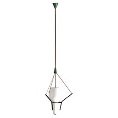 Pendant Lamp, Italian Designer, Brass, Steel, Opaline Glass, Italy, 1950s