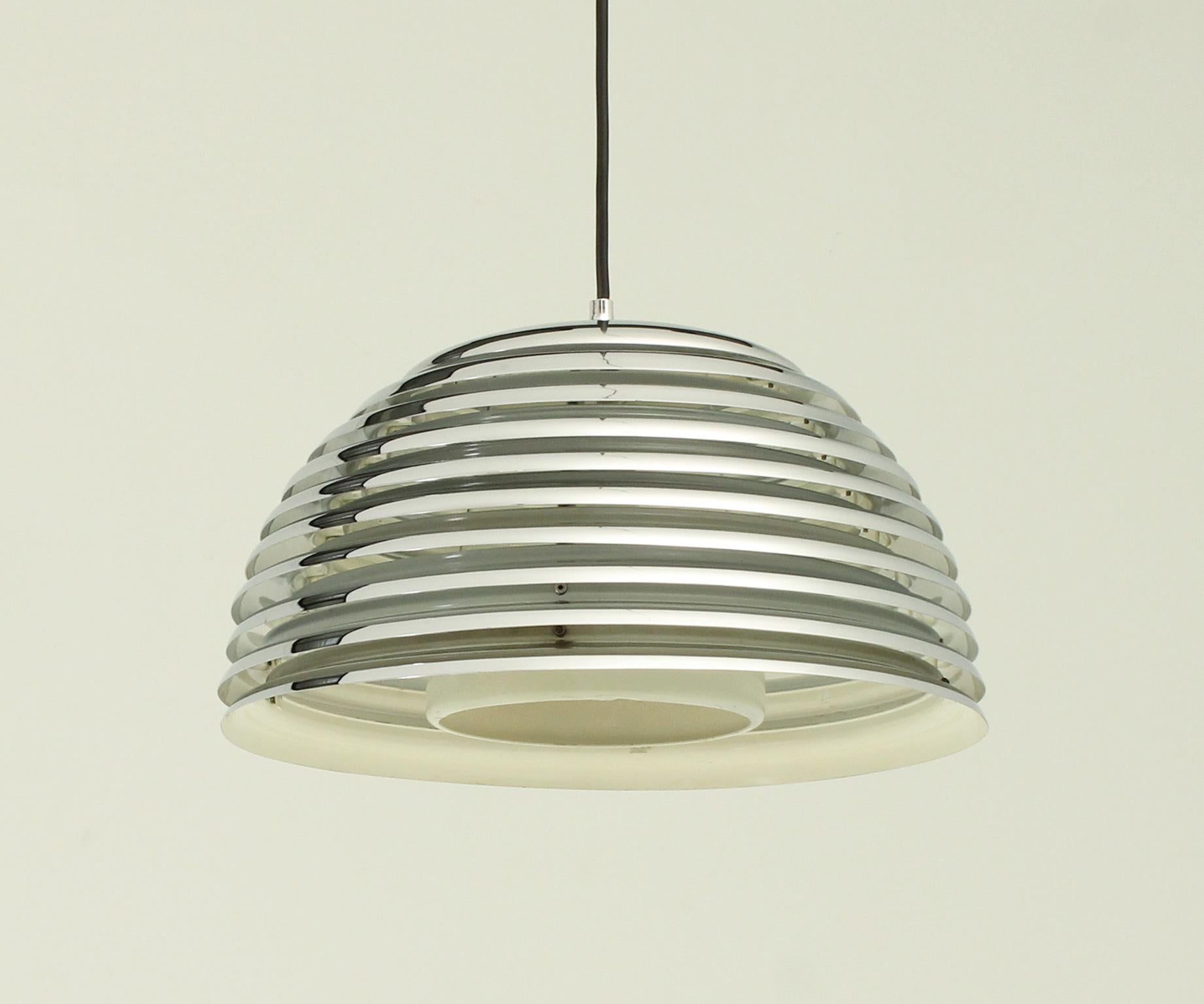 Pendant lamp model 5648 designed by Kazuo Motozawa in 1972 for Staff, Germany. Chromed plated and enameled metal construction.