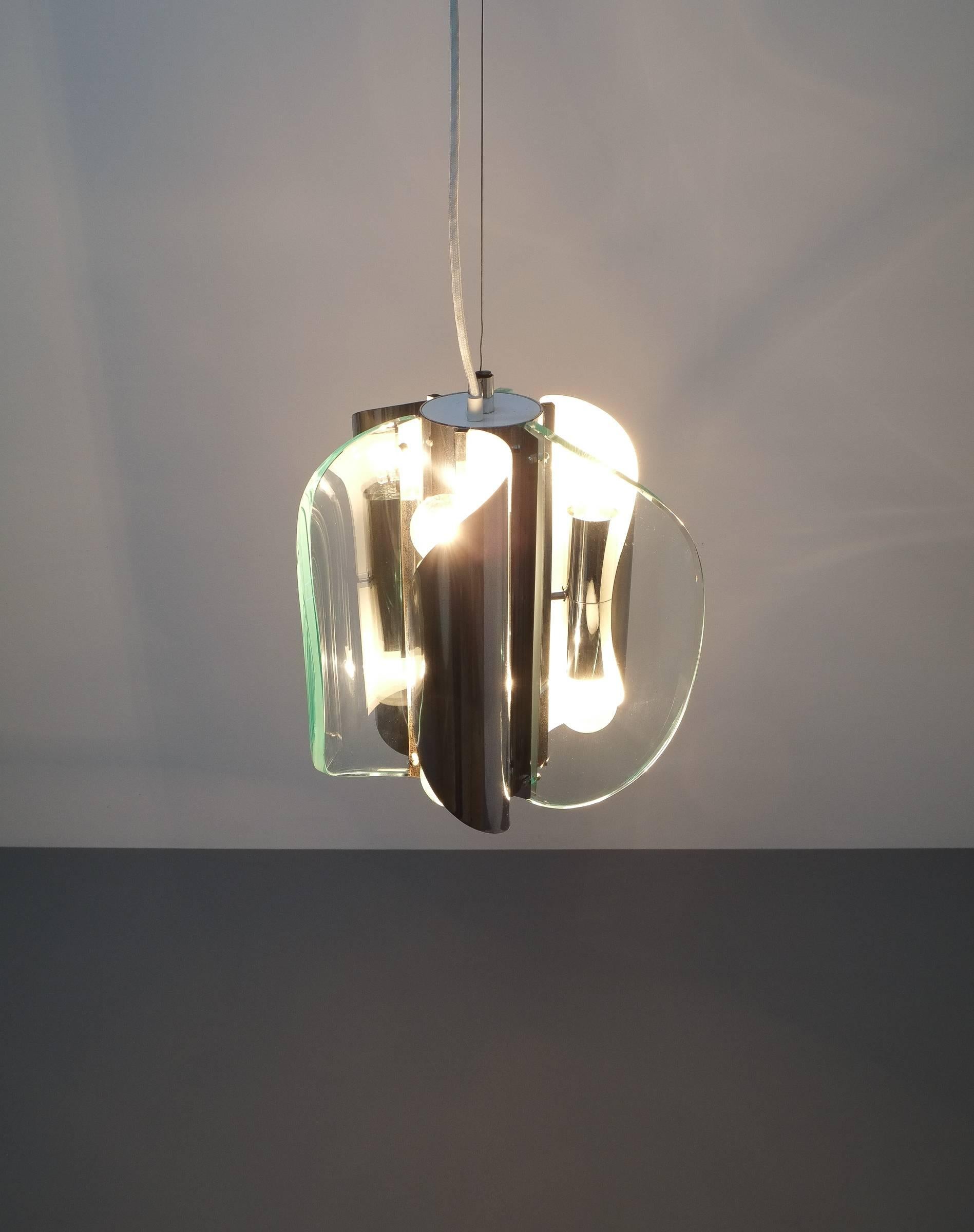 Pendant Lamp or Chandelier from Curved Glass Chrome Style Fontana Arte, Italy For Sale 4