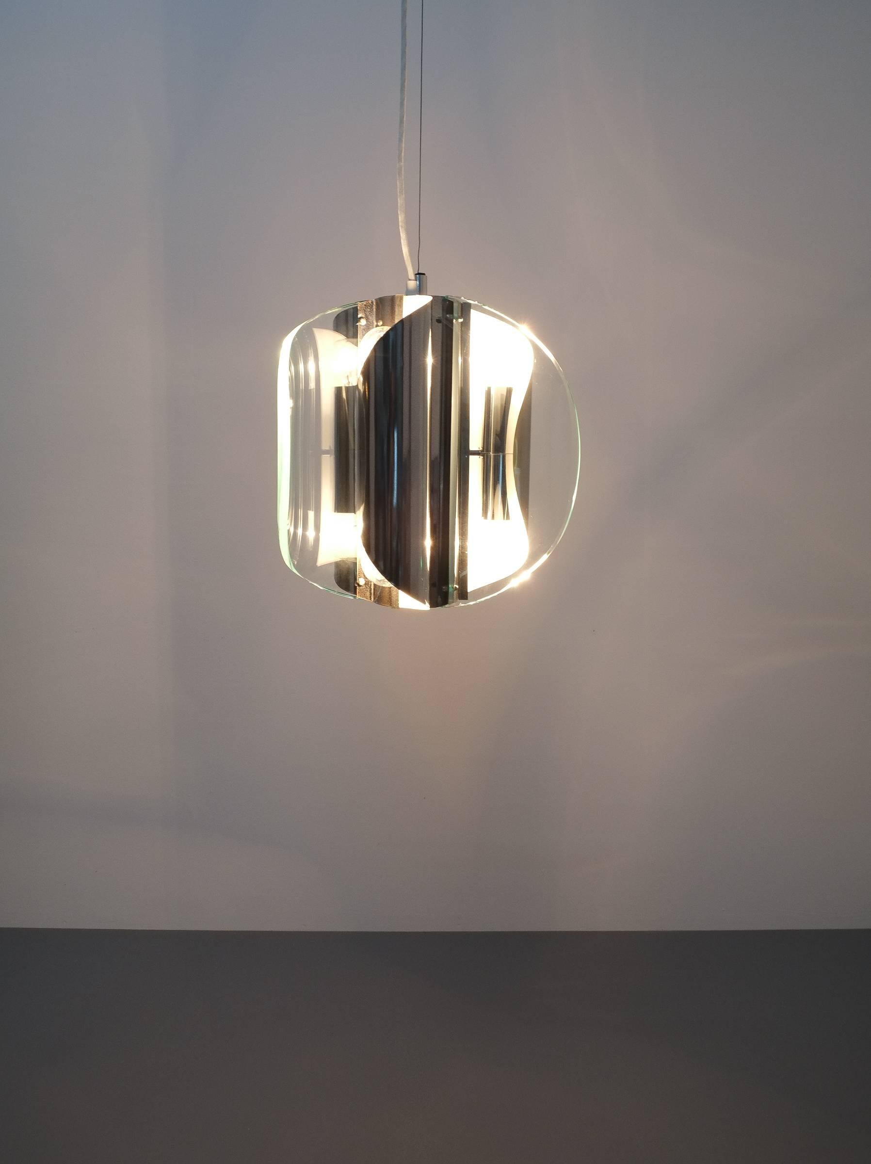 Lampada a sospensione o lampadario in vetro curvato stile cromo Fontana Arte, Italia in vendita 4