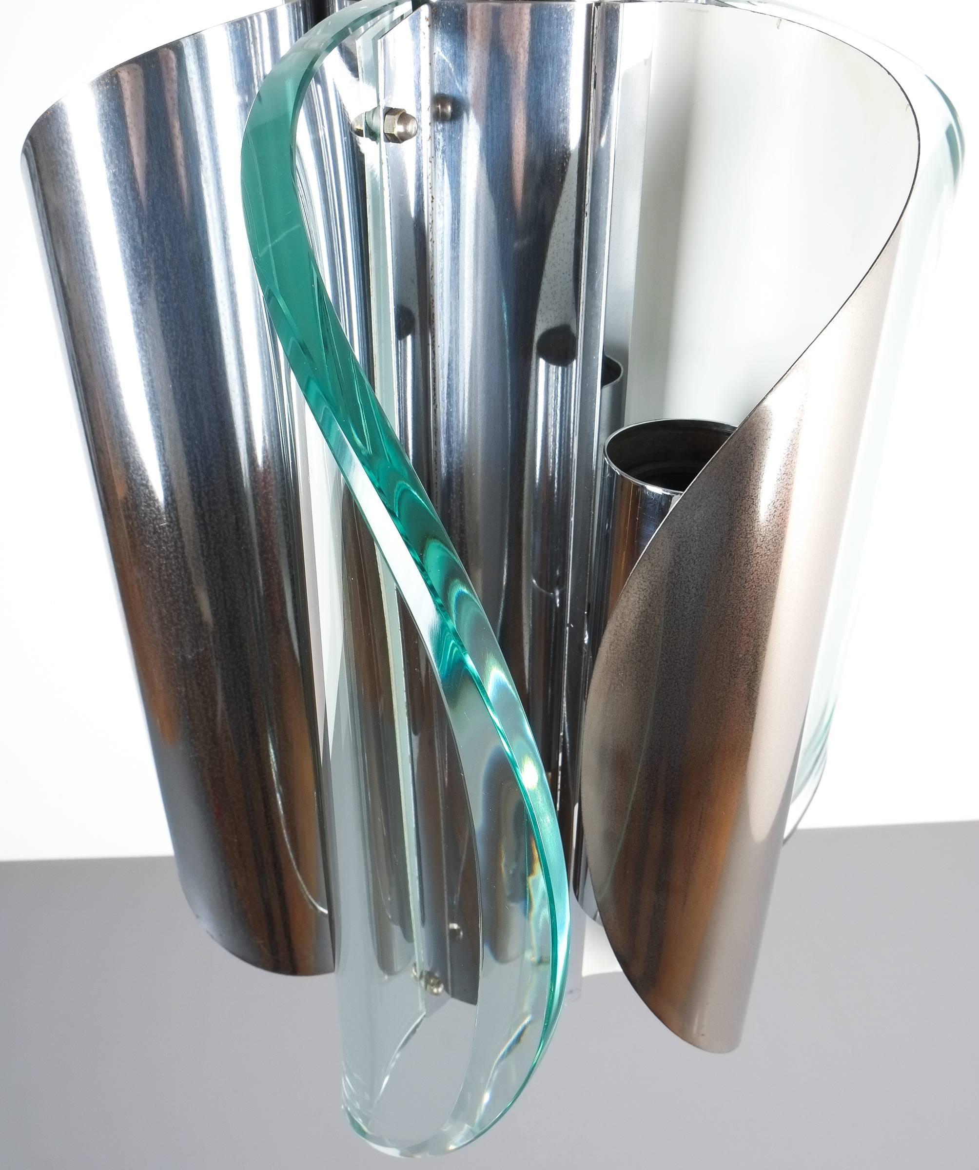 Lampada a sospensione o lampadario in vetro curvato stile cromo Fontana Arte, Italia in vendita 5