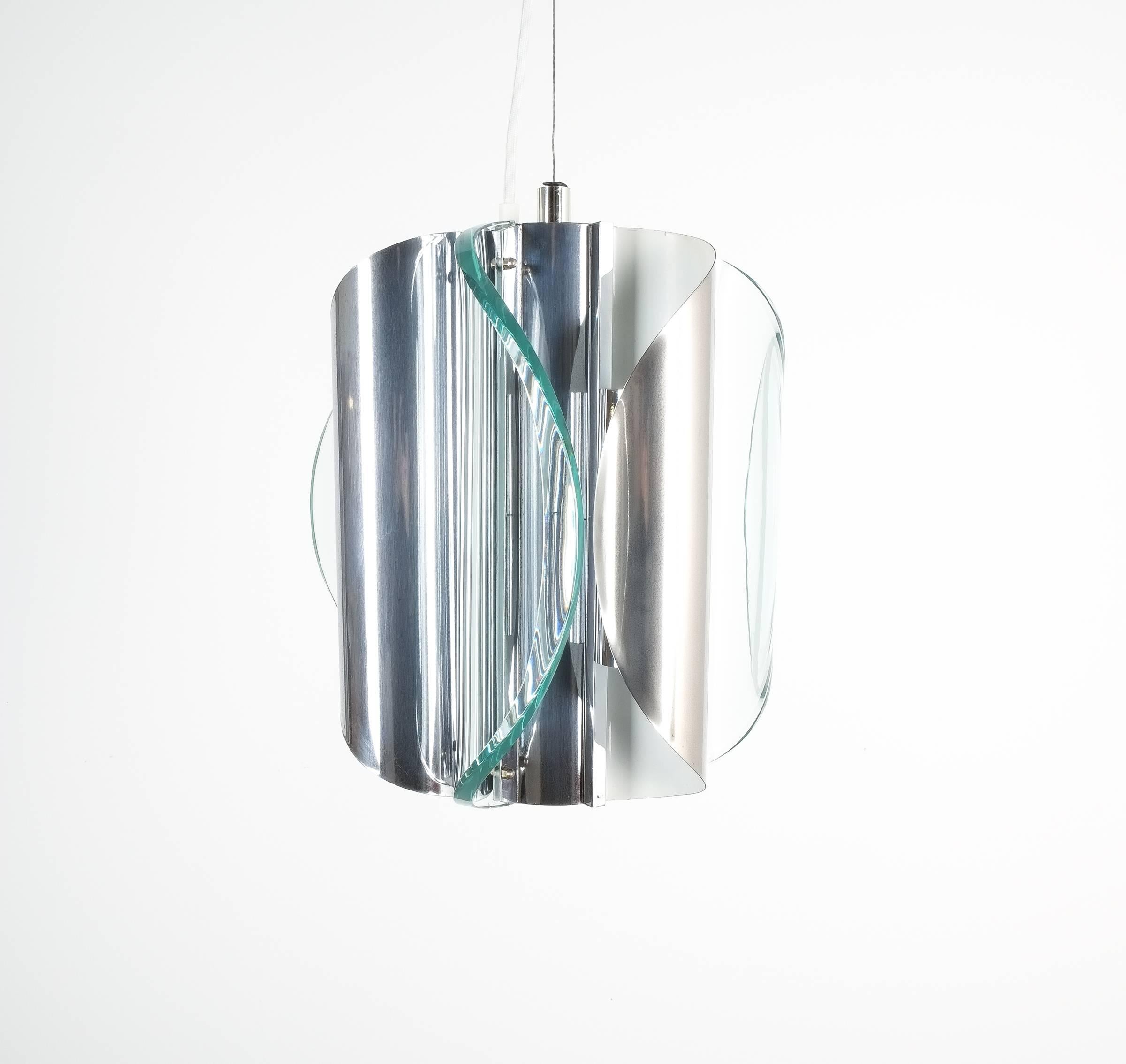 Lampada a sospensione o lampadario in vetro curvato stile cromo Fontana Arte, Italia In condizioni buone in vendita a Vienna, AT