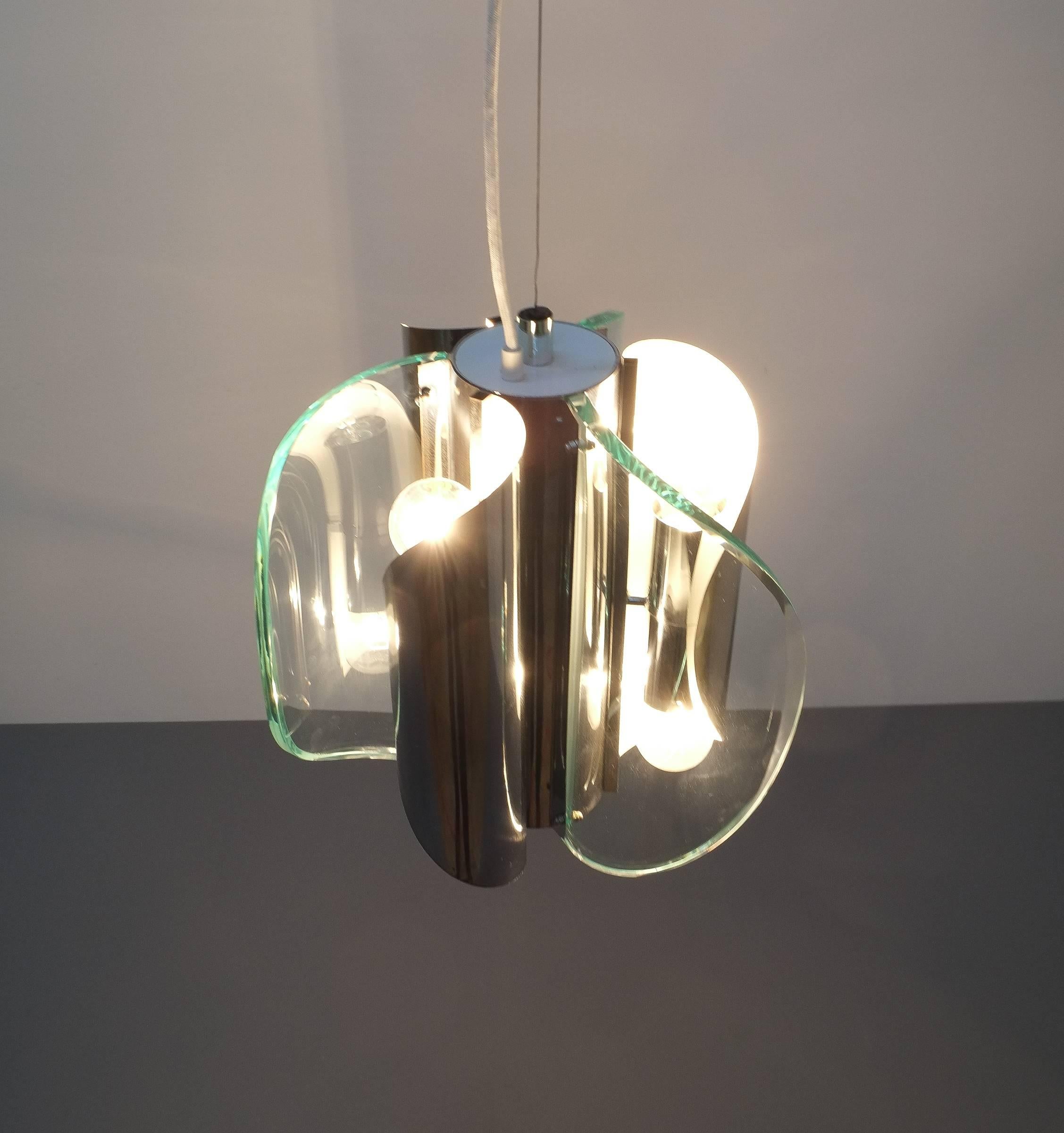 Pendant Lamp or Chandelier from Curved Glass Chrome Style Fontana Arte, Italy For Sale 2