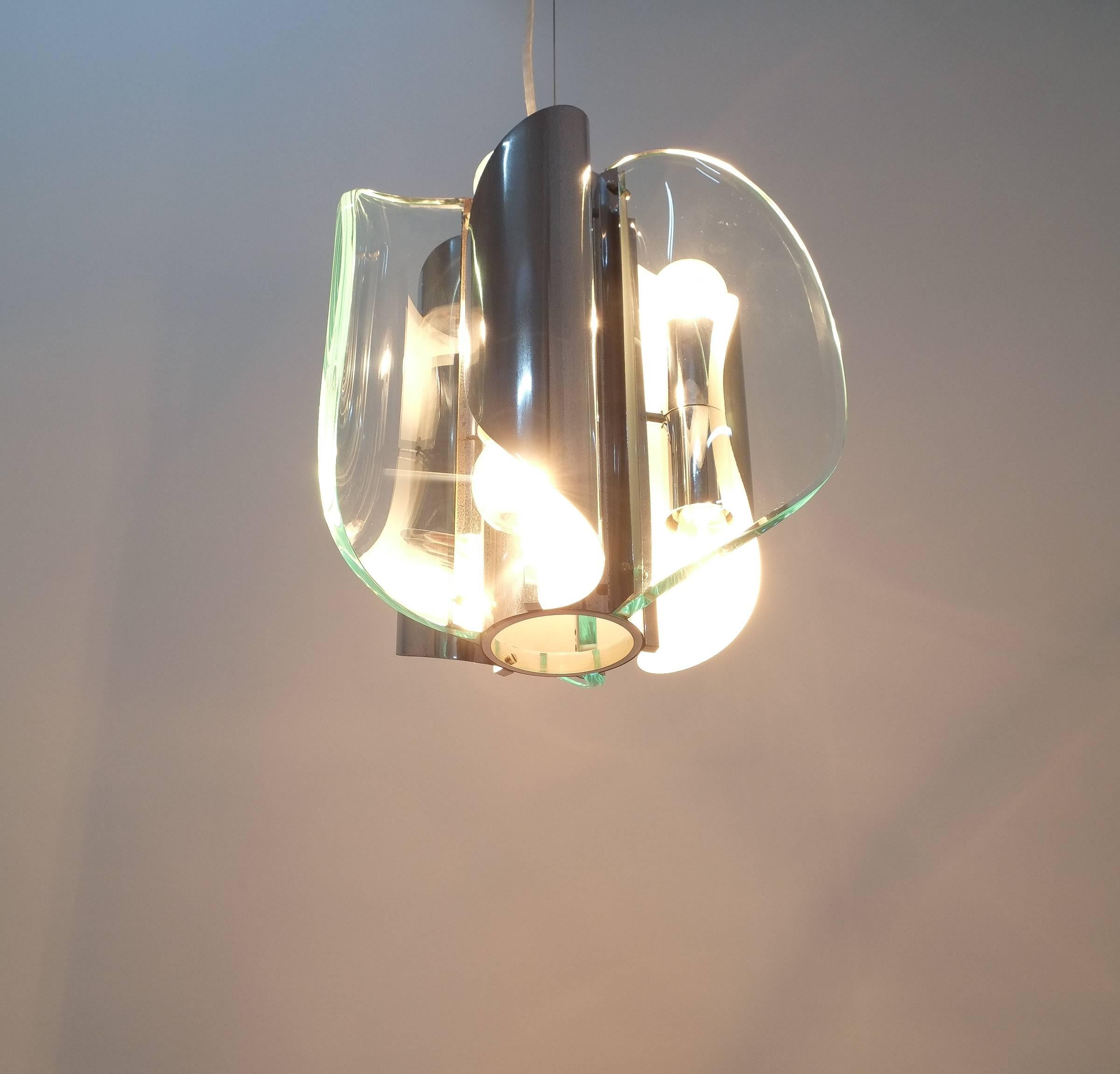 Lampada a sospensione o lampadario in vetro curvato stile cromo Fontana Arte, Italia in vendita 2