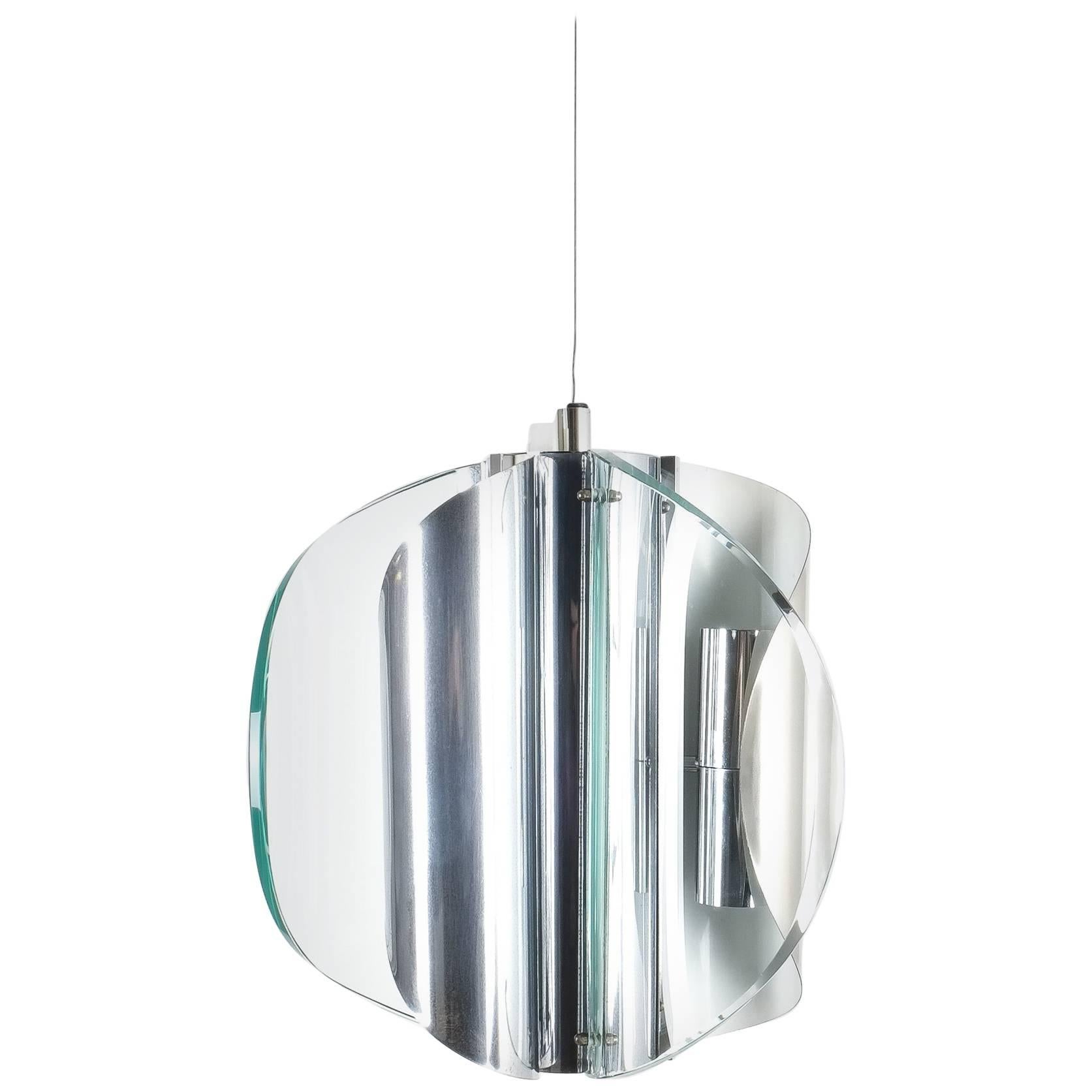 Pendant Lamp or Chandelier from Curved Glass Chrome Style Fontana Arte, Italy