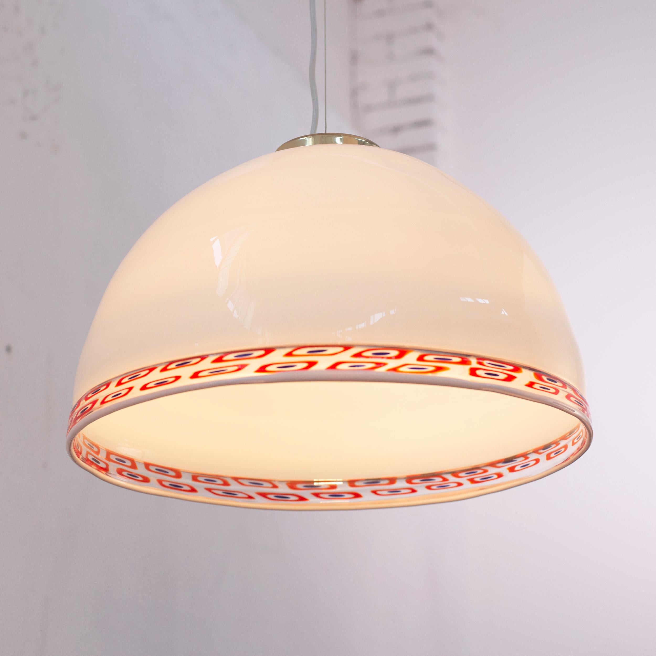 20th Century Pendant Lamp White Murano Glass Red Murrine by Effetre International Italy 1980s For Sale