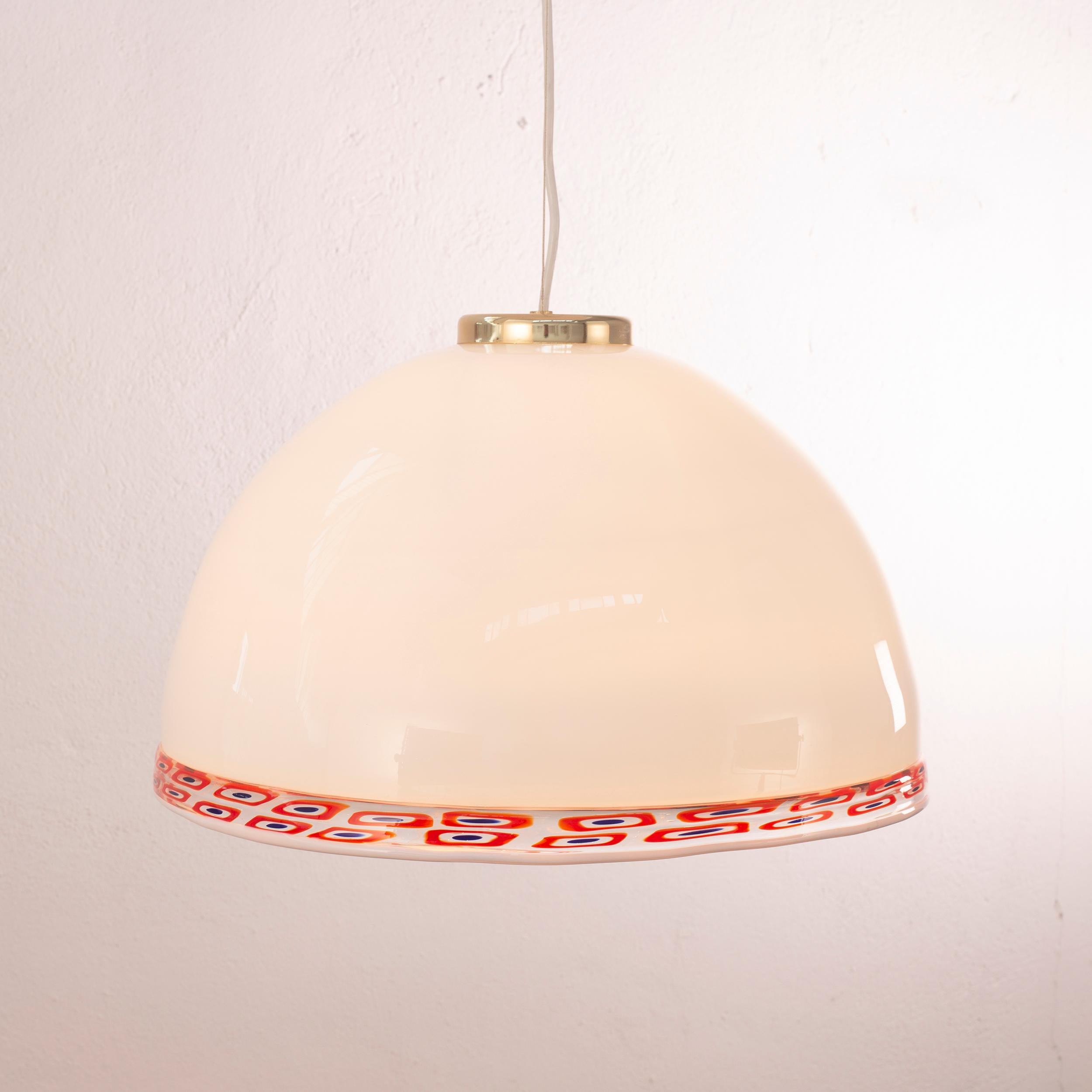 Blown Glass Pendant Lamp White Murano Glass Red Murrine by Effetre International Italy 1980s For Sale