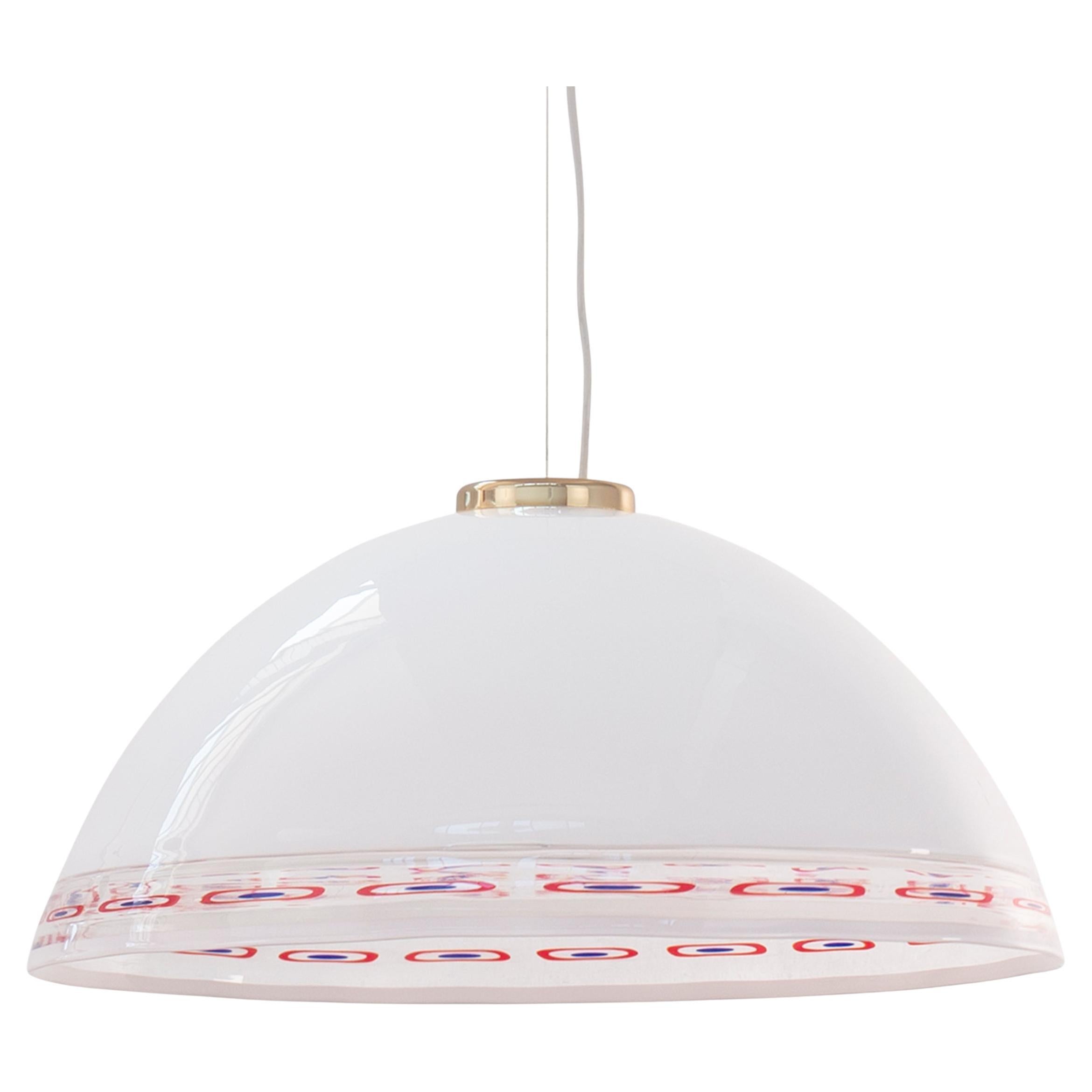 Pendant Lamp White Murano Glass Red Murrine by Effetre International Italy 1980s