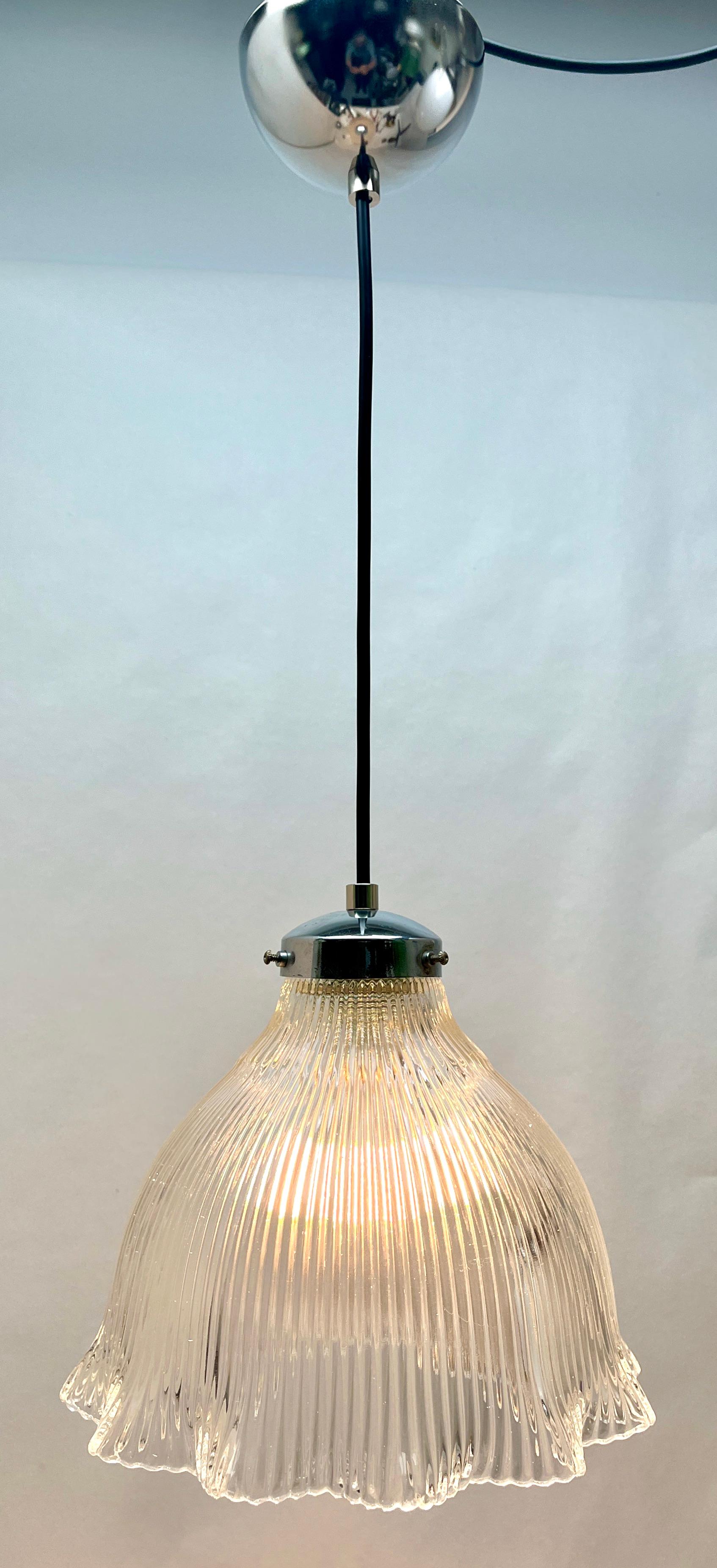 Mid-Century Modern Pendant Lamp with a Corrugated Glass Shade, 1950s, Netherlands For Sale