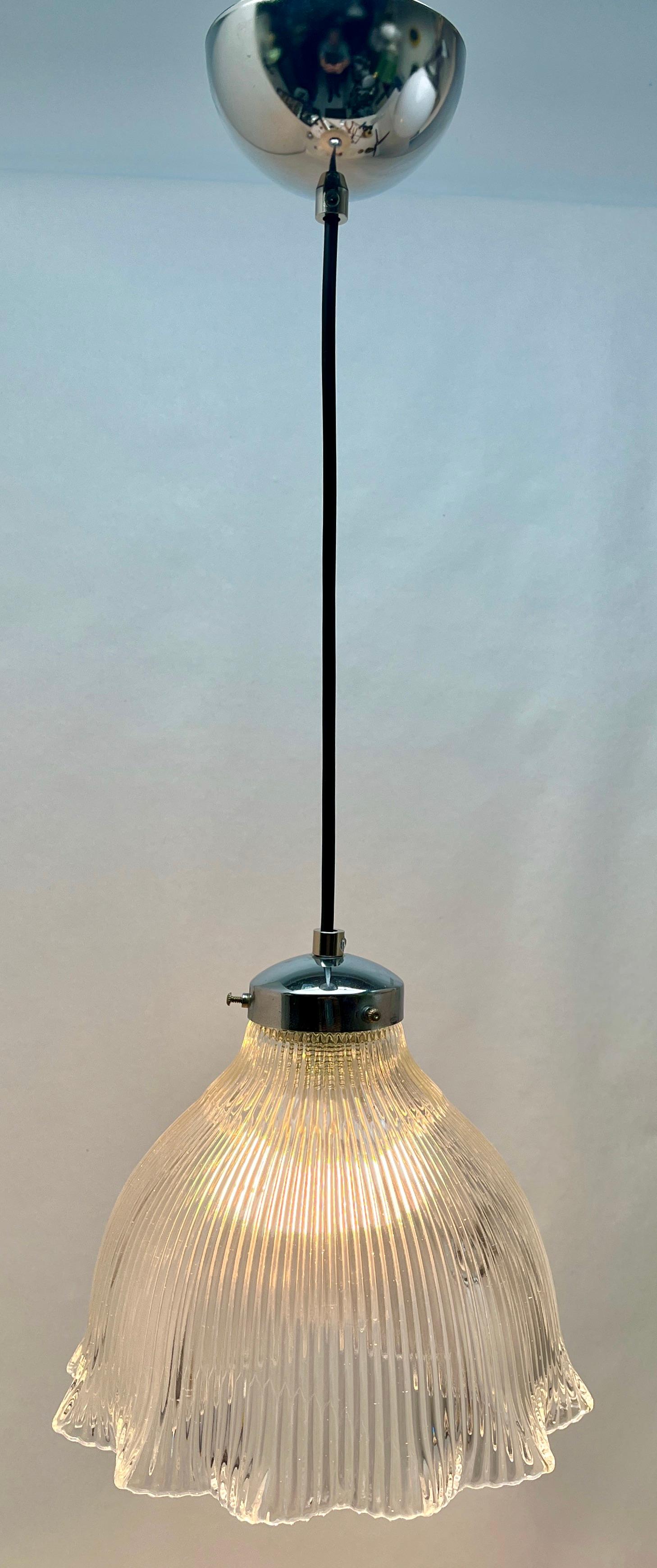 Dutch Pendant Lamp with a Corrugated Glass Shade, 1950s, Netherlands For Sale