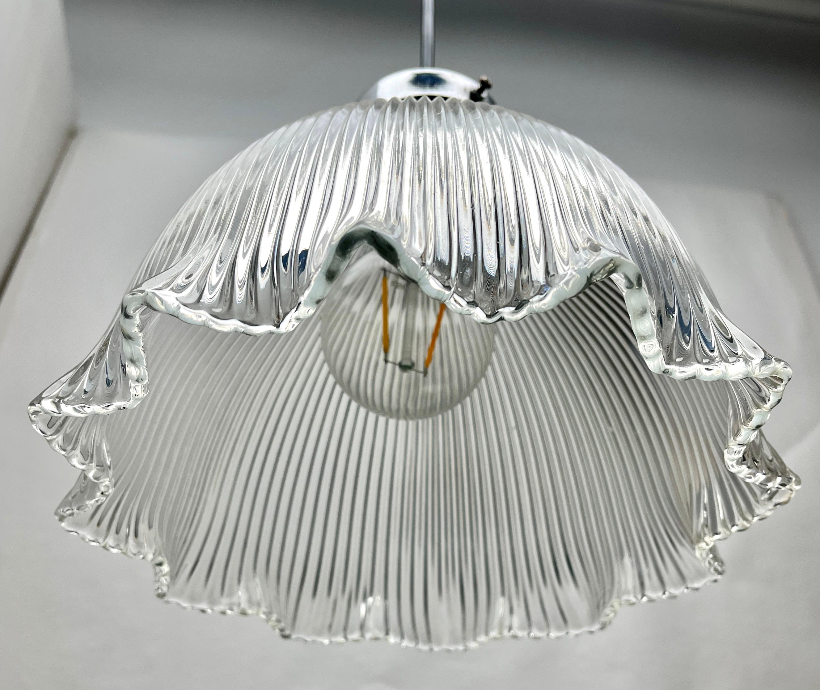 Pendant Lamp with a Corrugated Glass Shade, 1950s, Netherlands In Good Condition For Sale In Verviers, BE