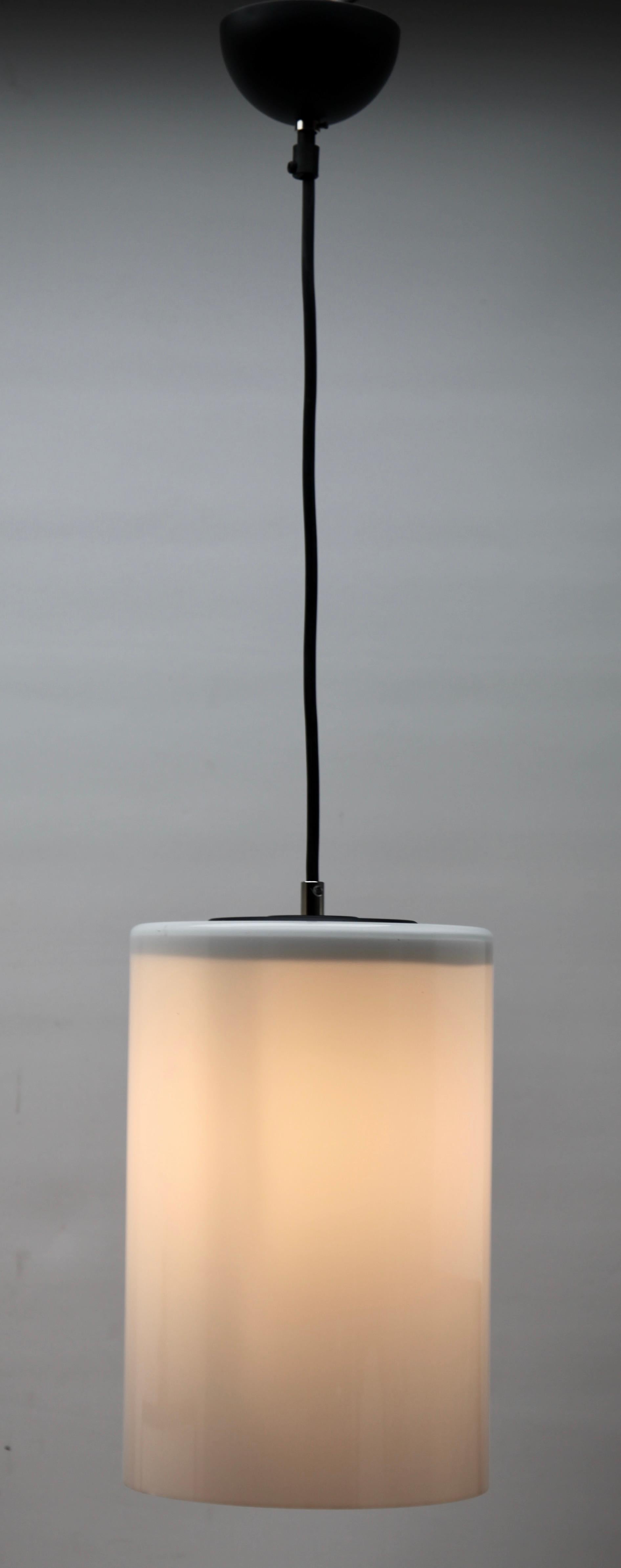 Art Deco Pendant Lamp with a Cylinder Shape Opaline Shade, 1930s, Netherlands For Sale