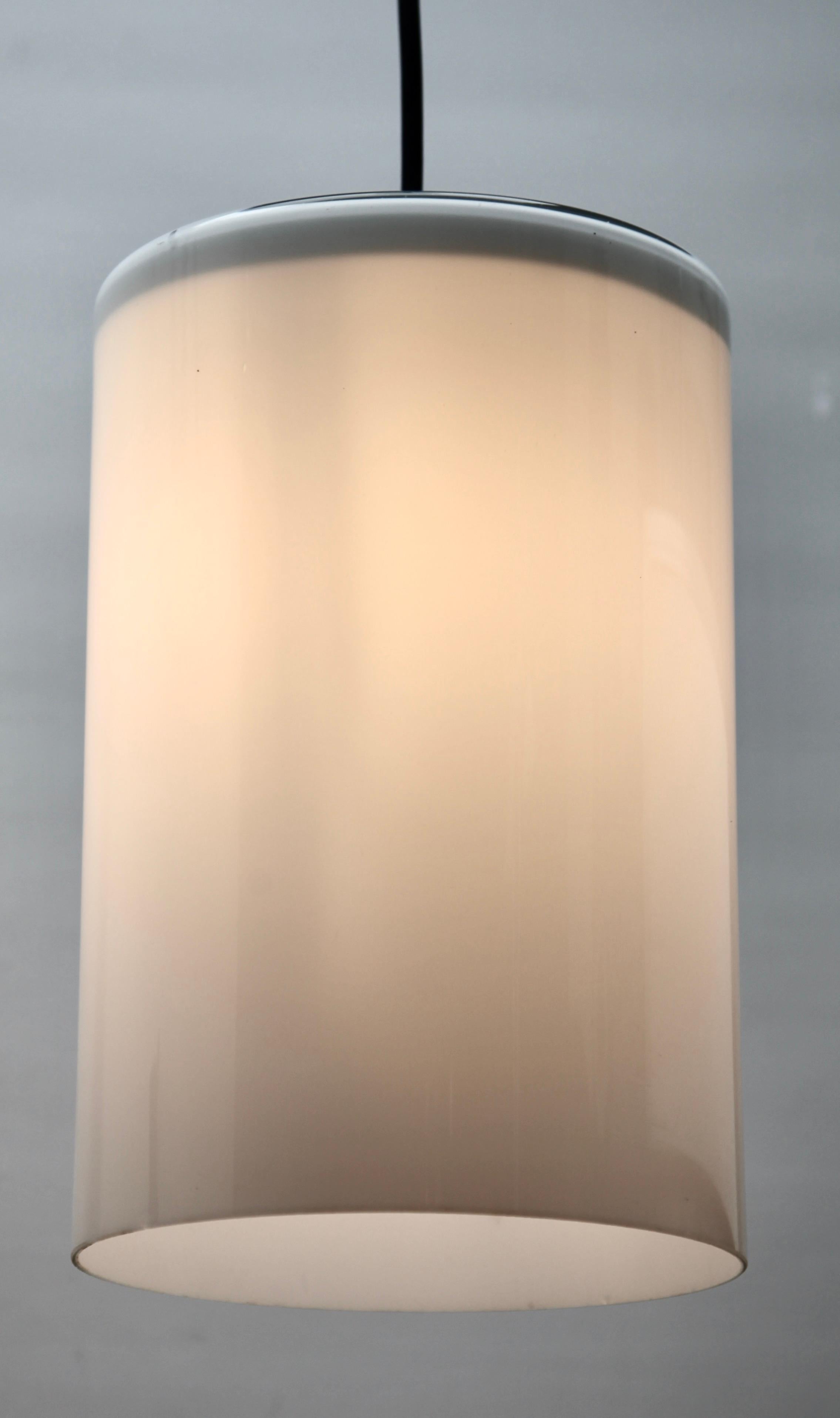 Metalwork Pendant Lamp with a Cylinder Shape Opaline Shade, 1930s, Netherlands For Sale