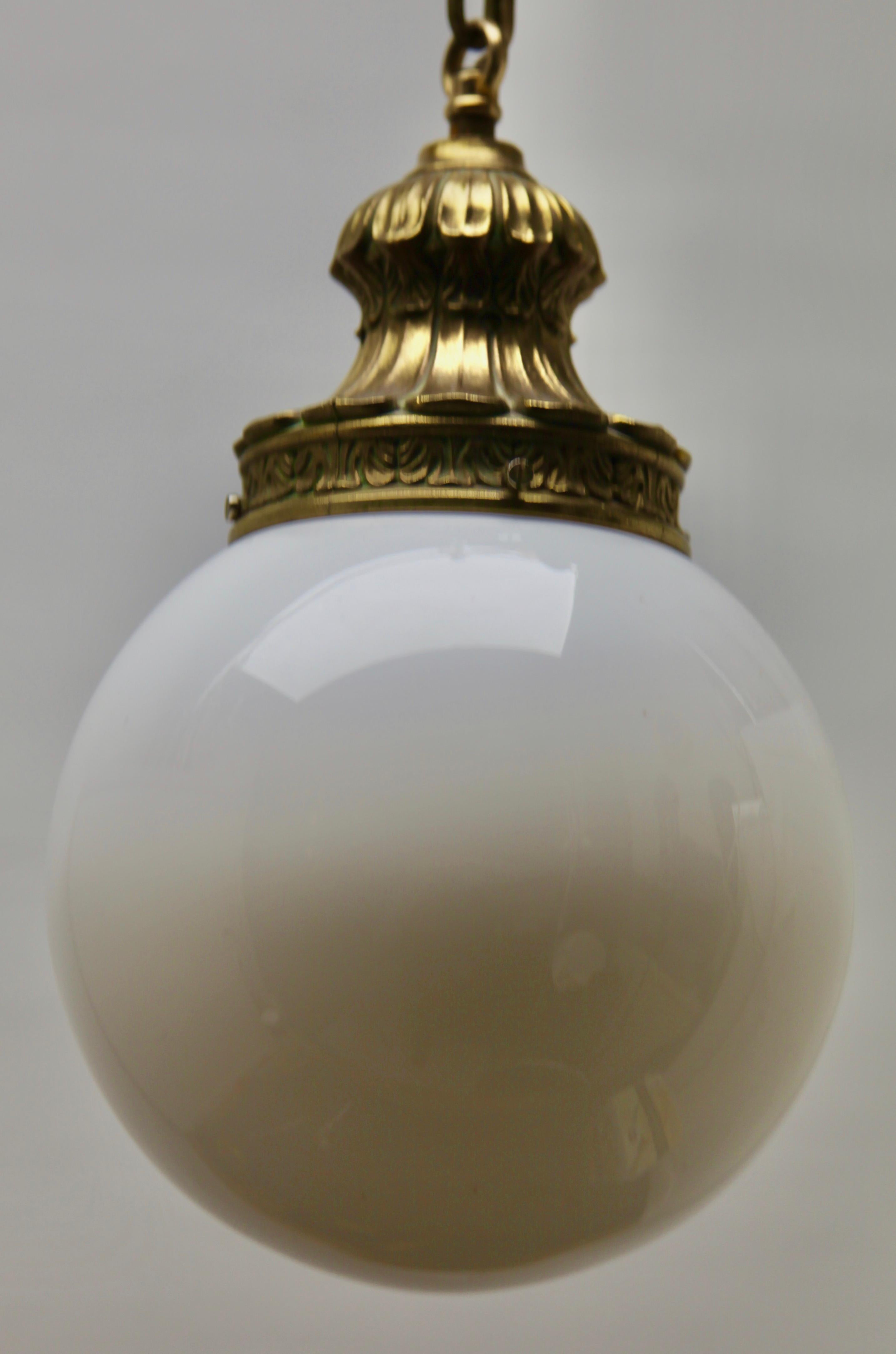 Blown Glass Pendant Lamp with a Opaline Shade, 1930s, Netherlands