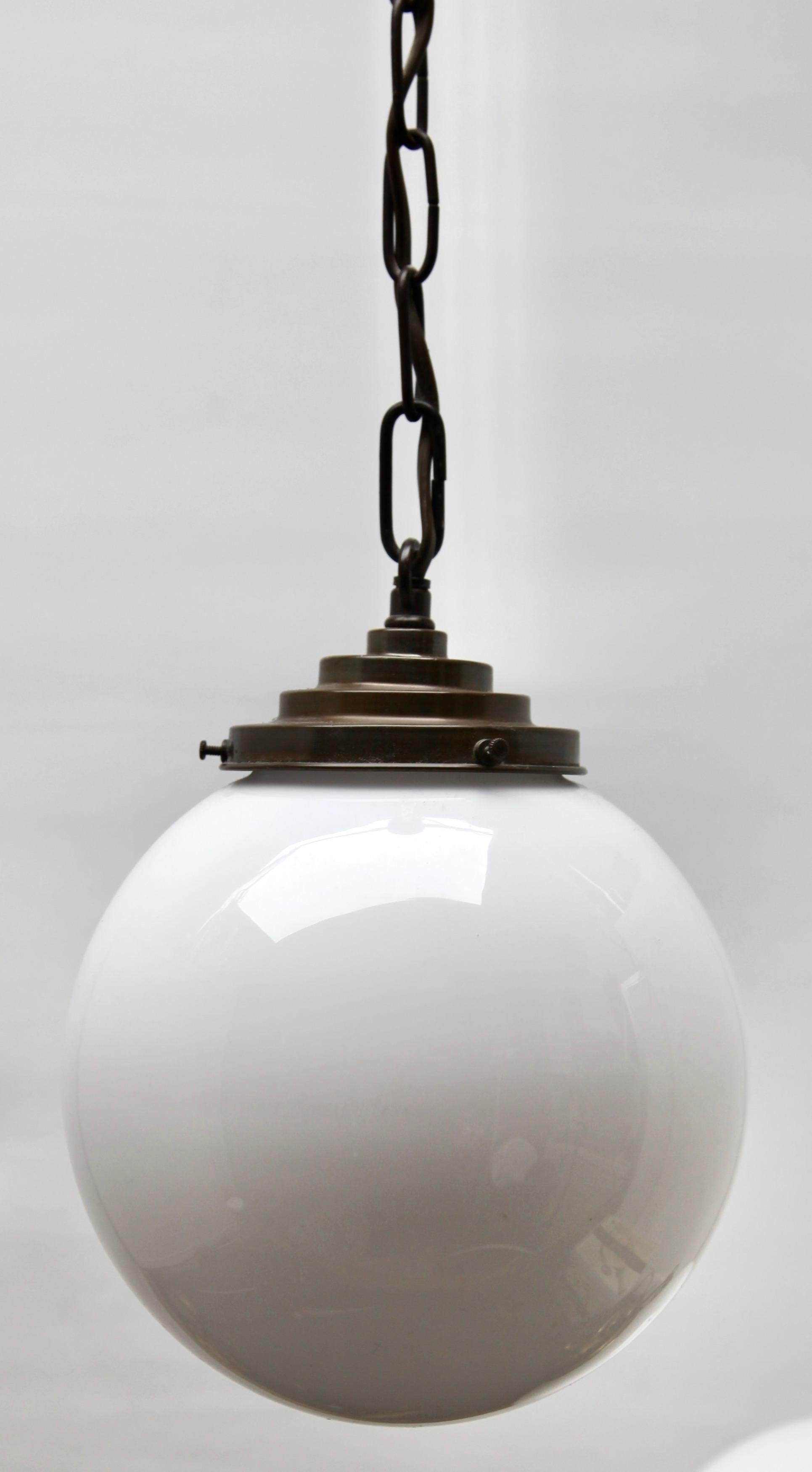 Brass Pendant Lamp with a Opaline Shade, 1930s, Netherlands For Sale