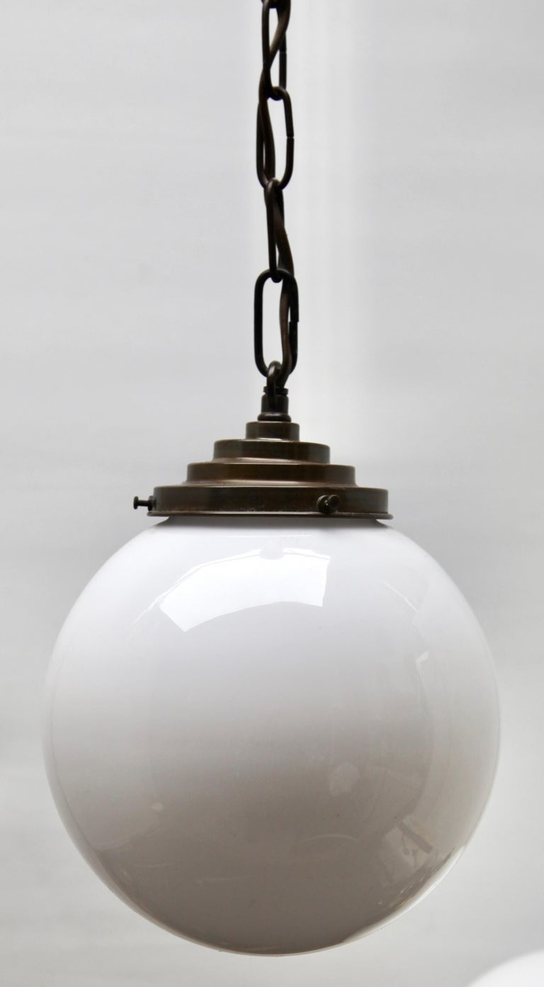 Brass Pendant Lamp with a Opaline Shade, 1930s, Netherlands For Sale