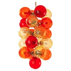 Pendant Lamp with red and amber Murano Glass Spheres and Chrome Structure, Italy