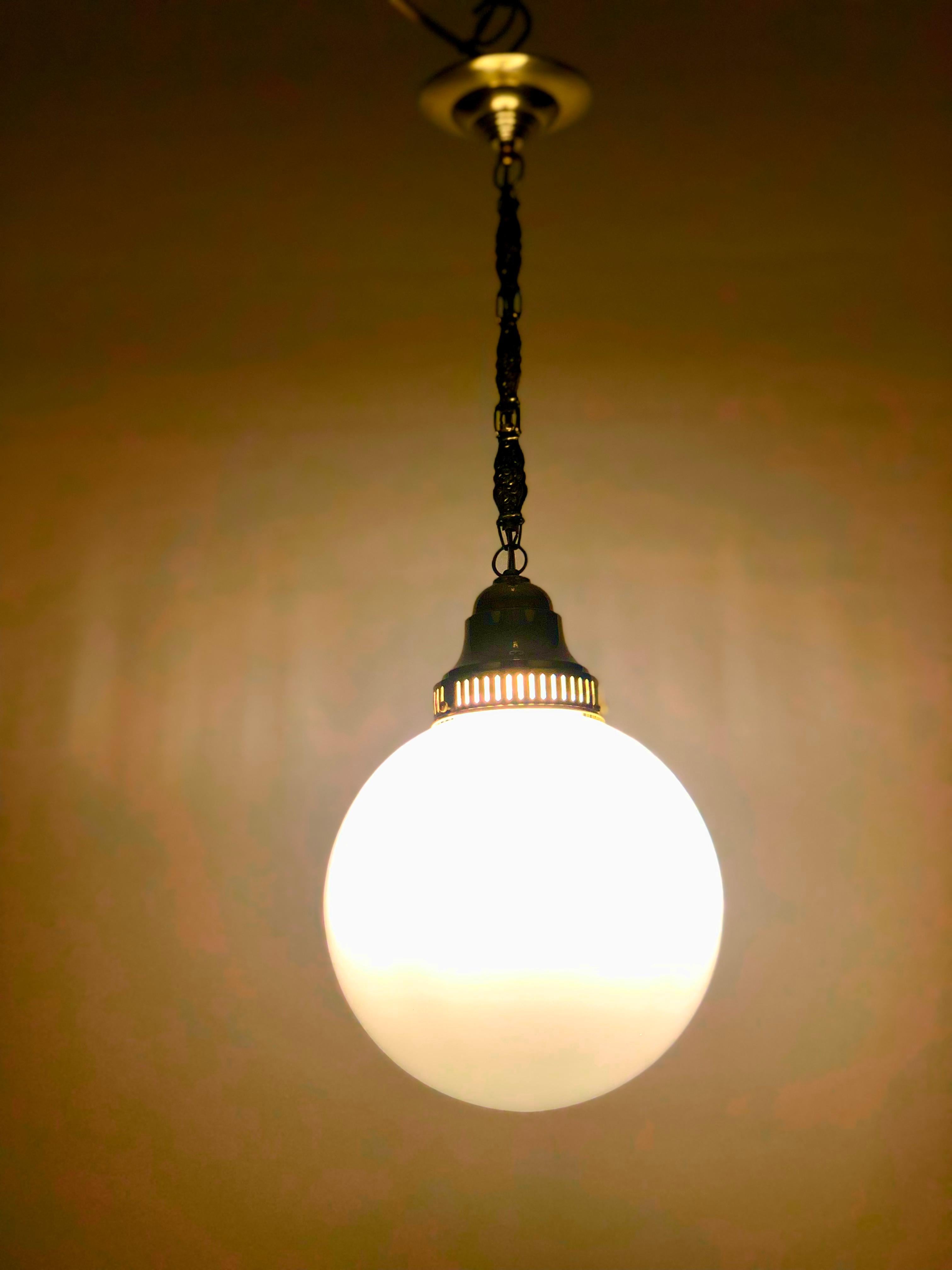 Jugendstil Pendant Lamp with Ornate Chain and White Opaline Glass globe, 1900 Austria For Sale