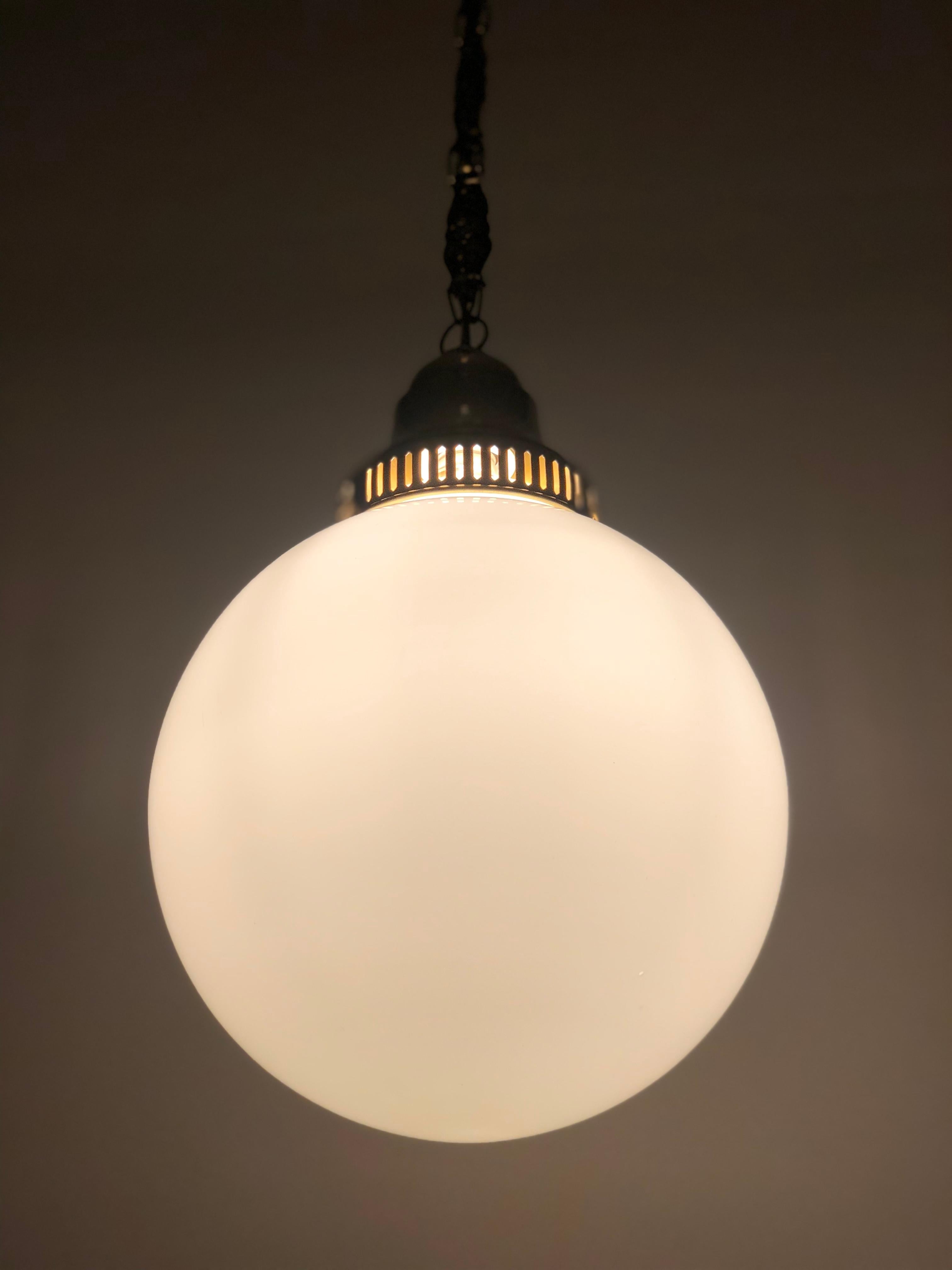 Austrian Pendant Lamp with Ornate Chain and White Opaline Glass globe, 1900 Austria For Sale