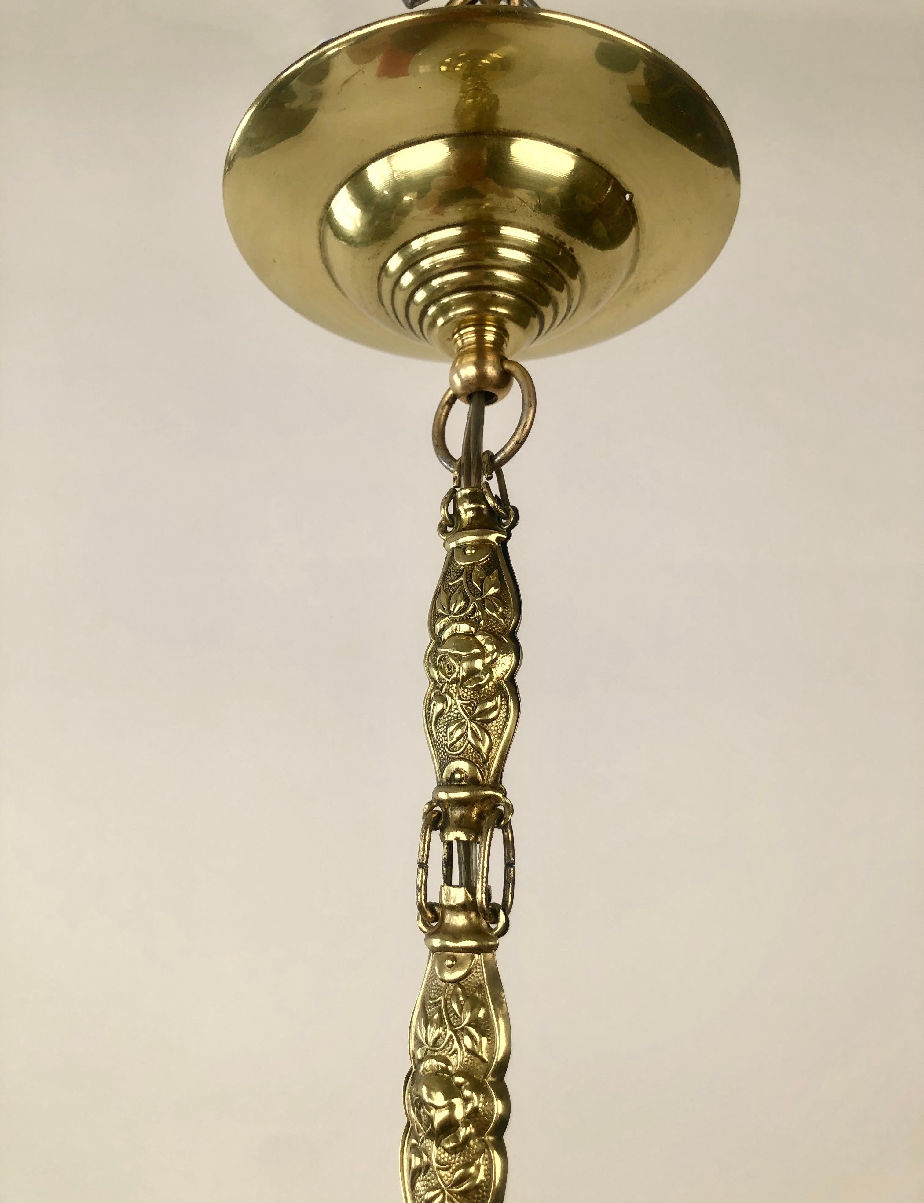 Polished Pendant Lamp with Ornate Chain and White Opaline Glass globe, 1900 Austria For Sale