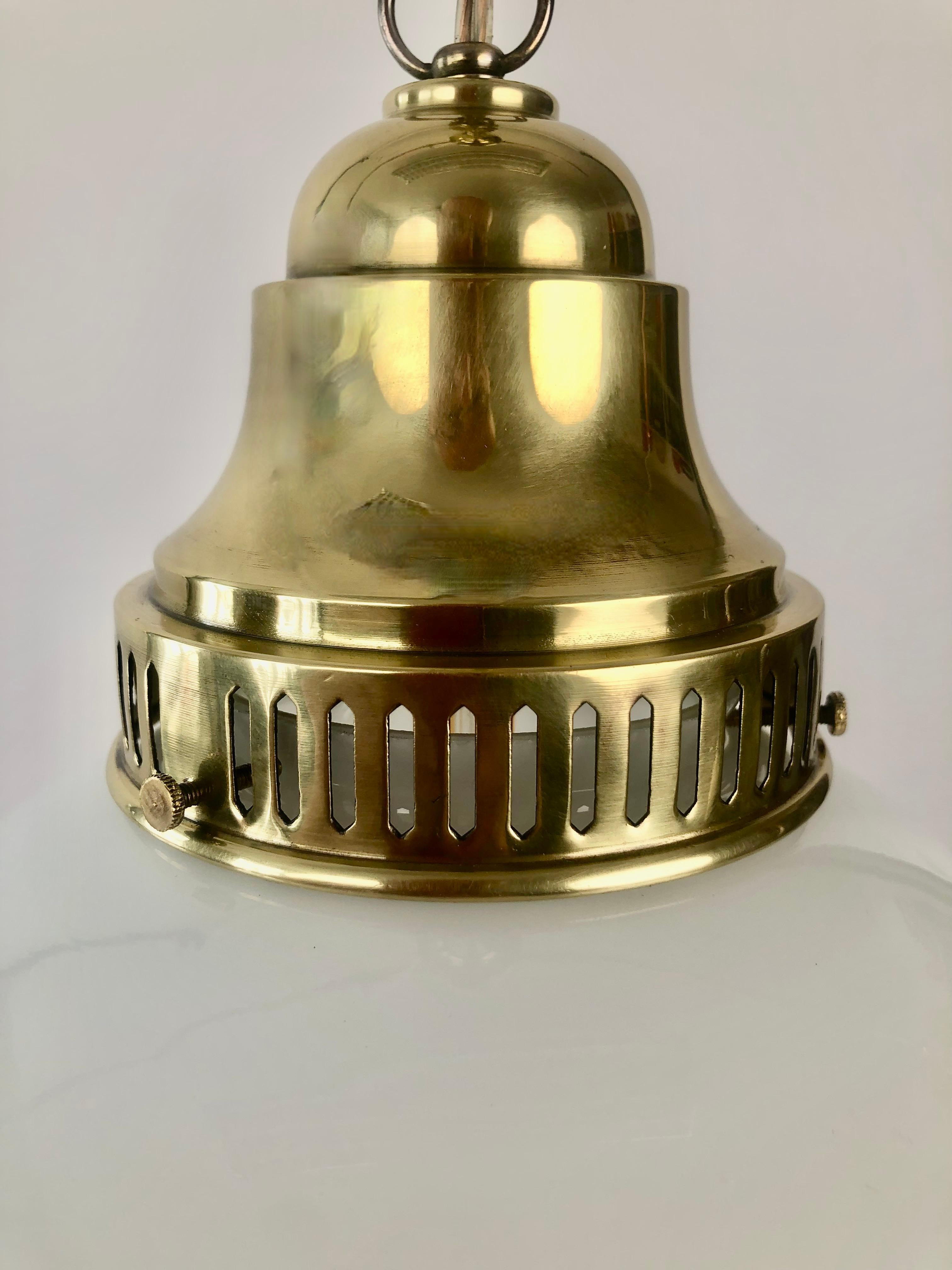 Brass Pendant Lamp with Ornate Chain and White Opaline Glass globe, 1900 Austria For Sale
