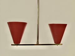 Pendant Lamp with Two Shades in Red and Brass, Czechoslovakia, 1960's