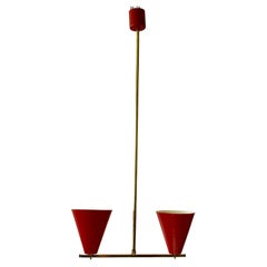 Pendant Lamp with Two Shades in Red and Brass, Czechoslovakia, 1960's