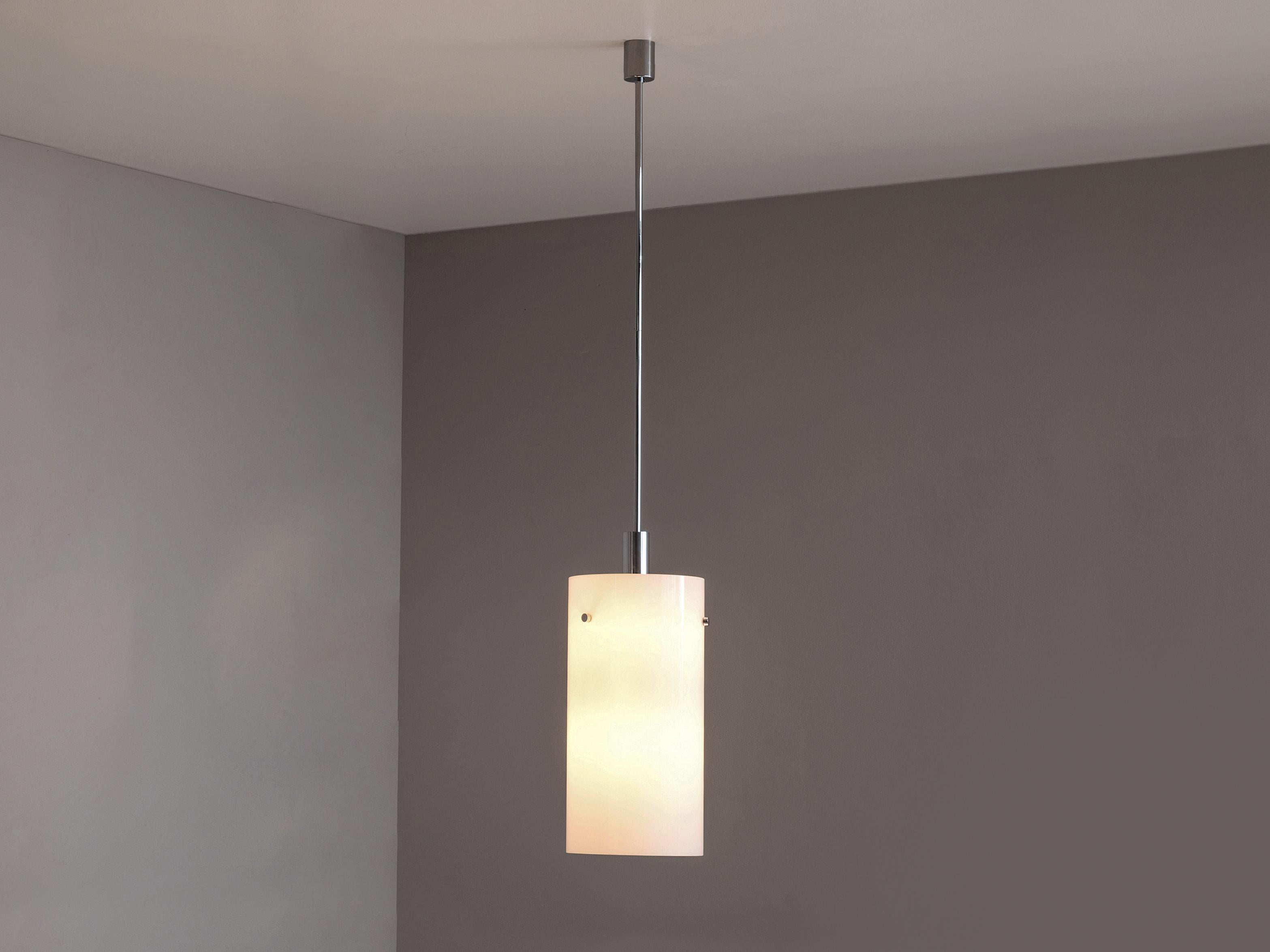Pendant, metal, glass, Europe, 1970s

This atmospheric pendant is cylindrically shaped and executed in white glass, which results in a nice soft light-tone creating a lively ambience in the room. The fixture is based on a minimalist design made of