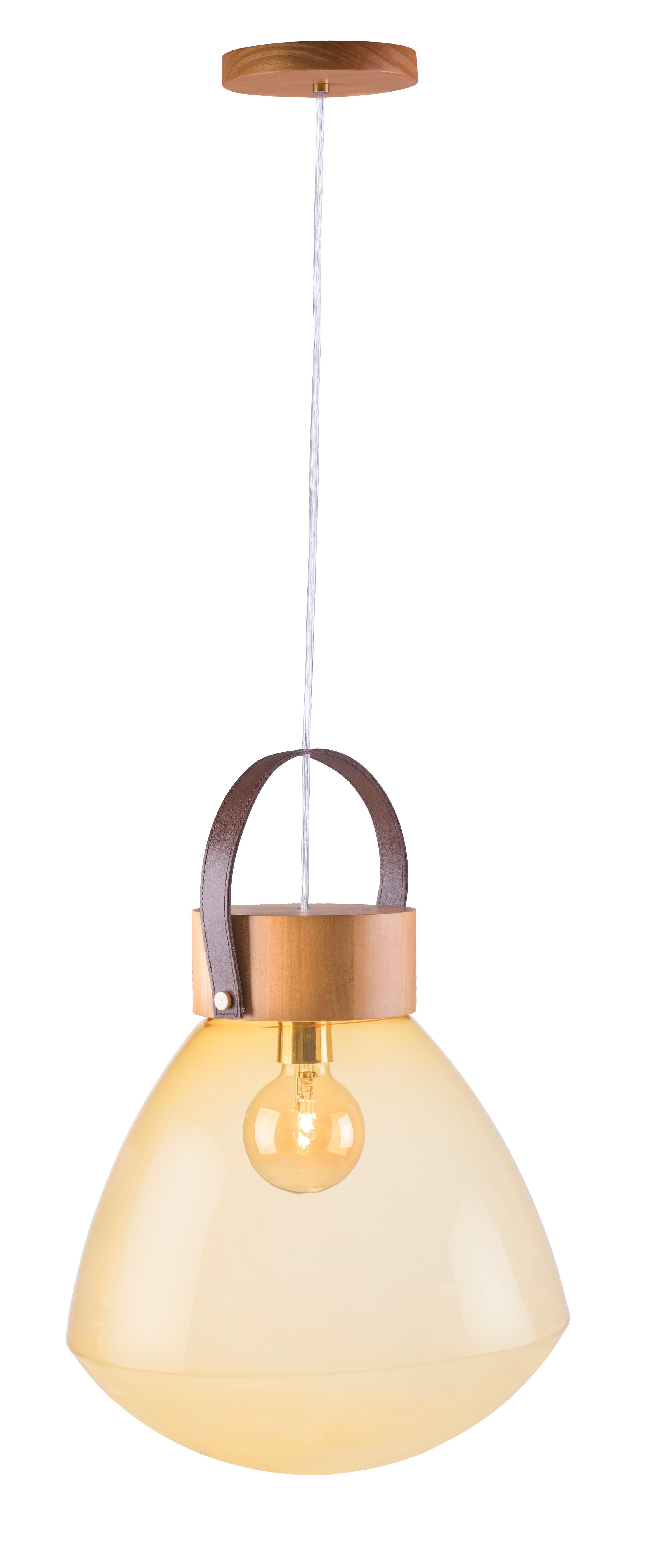 Hand-Crafted Pendant Lampadari Big Cupola, Brazilian Wood, Metal, Leather and Glass For Sale