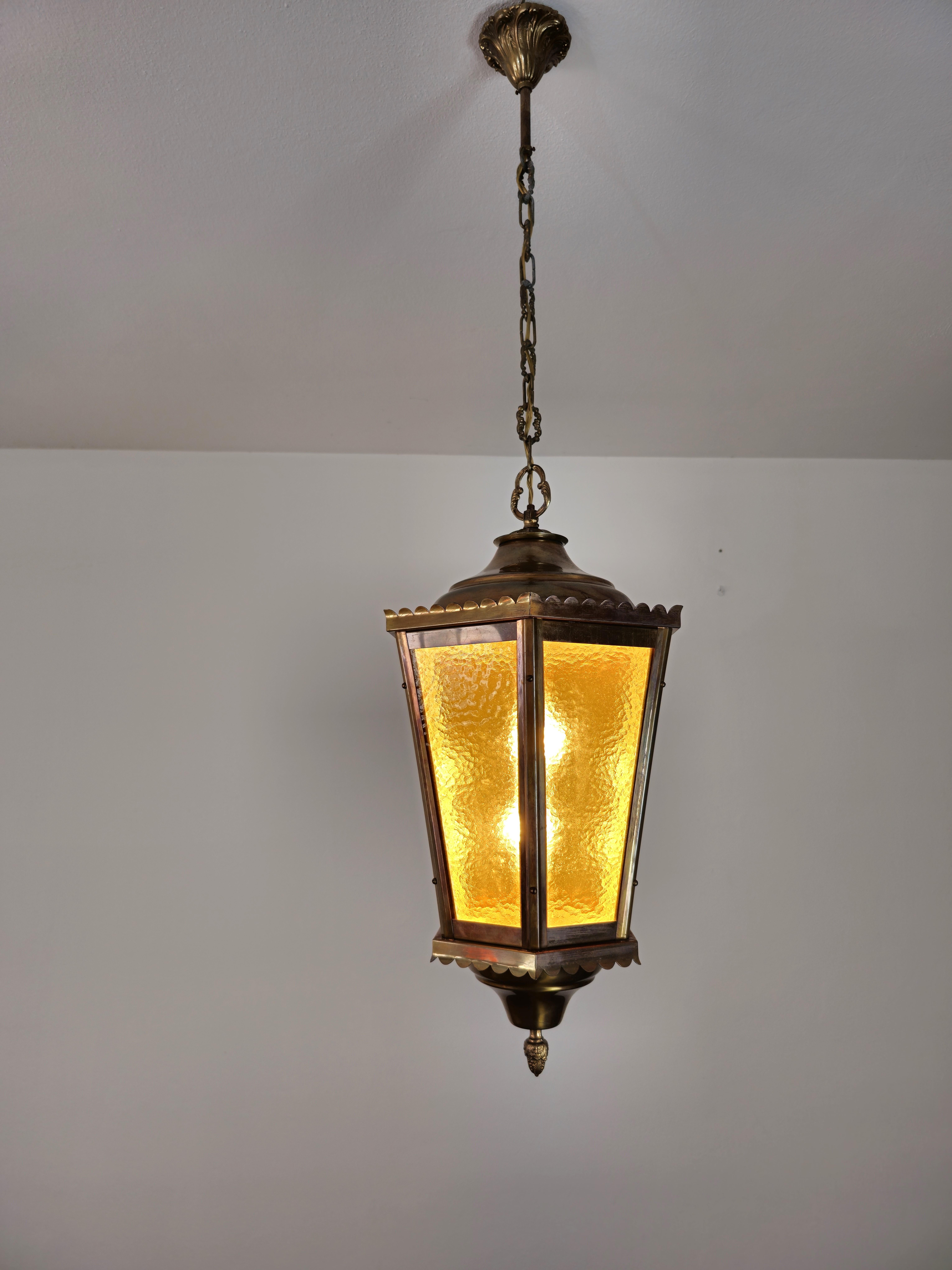 Mid-Century Modern  Pendant Lantern Suspension Lamp Brass Glass Cathedral Midcentury Italy 1940s For Sale