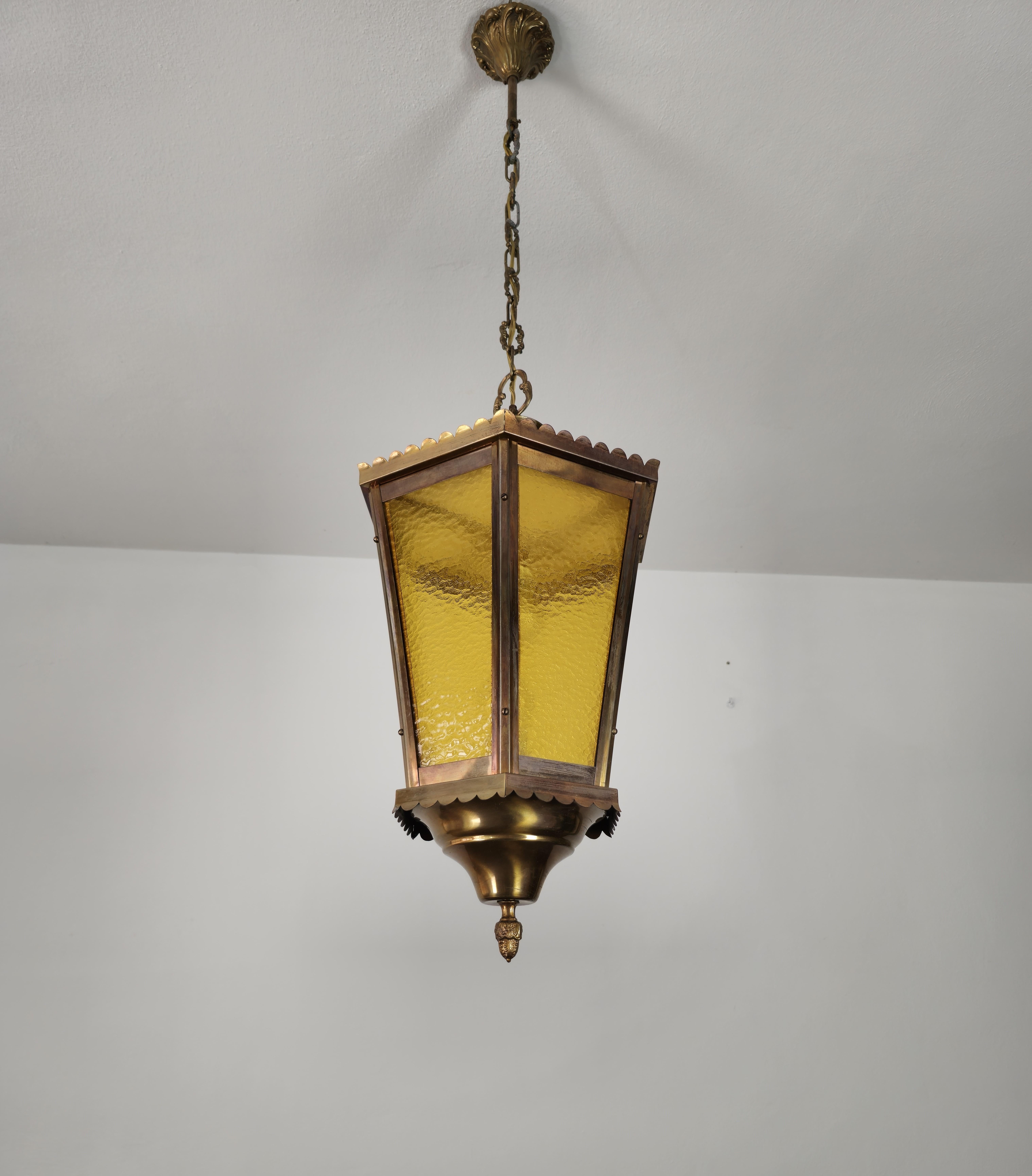 Hand-Crafted  Pendant Lantern Suspension Lamp Brass Glass Cathedral Midcentury Italy 1940s For Sale