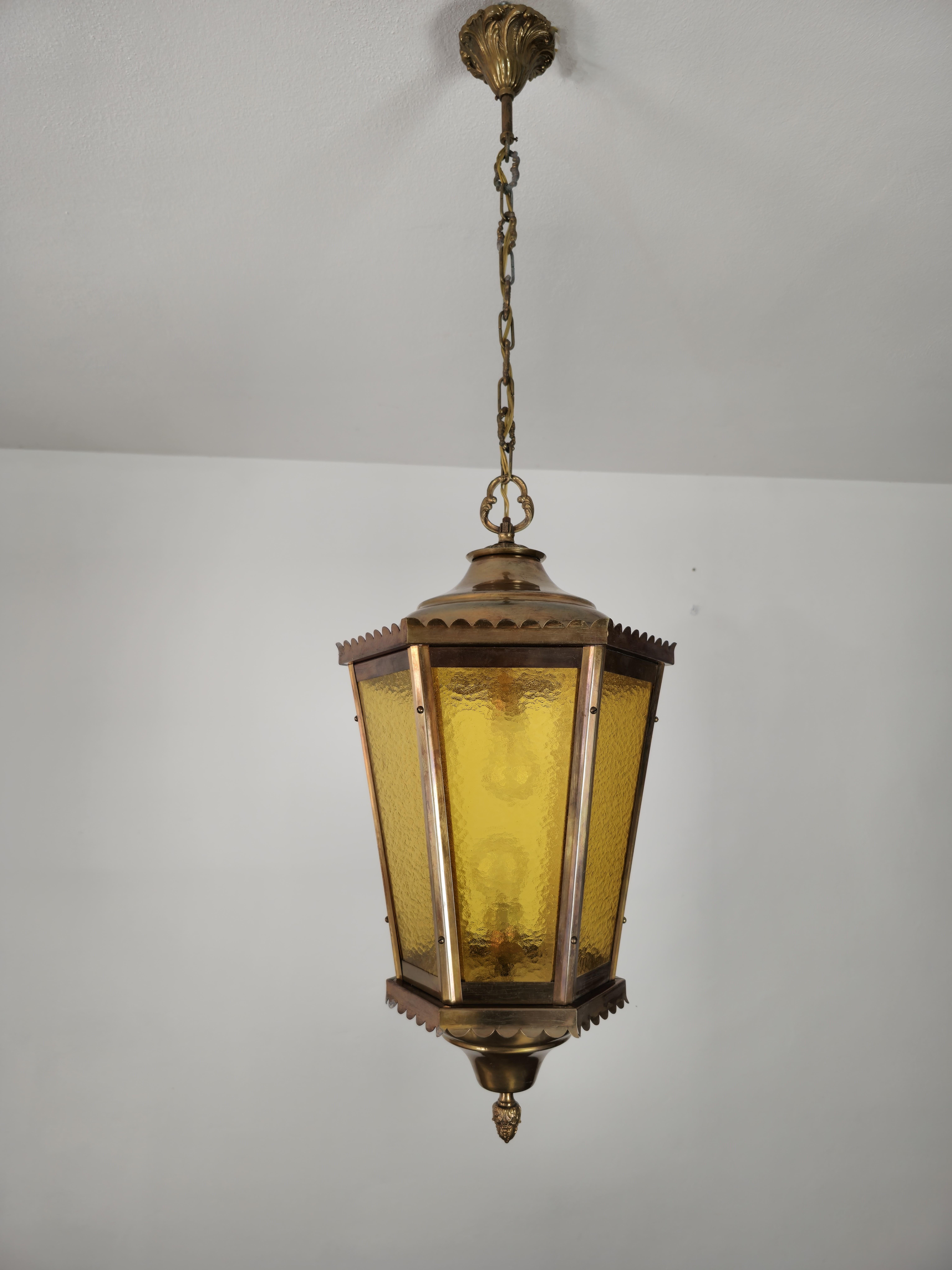  Pendant Lantern Suspension Lamp Brass Glass Cathedral Midcentury Italy 1940s In Good Condition For Sale In Palermo, IT