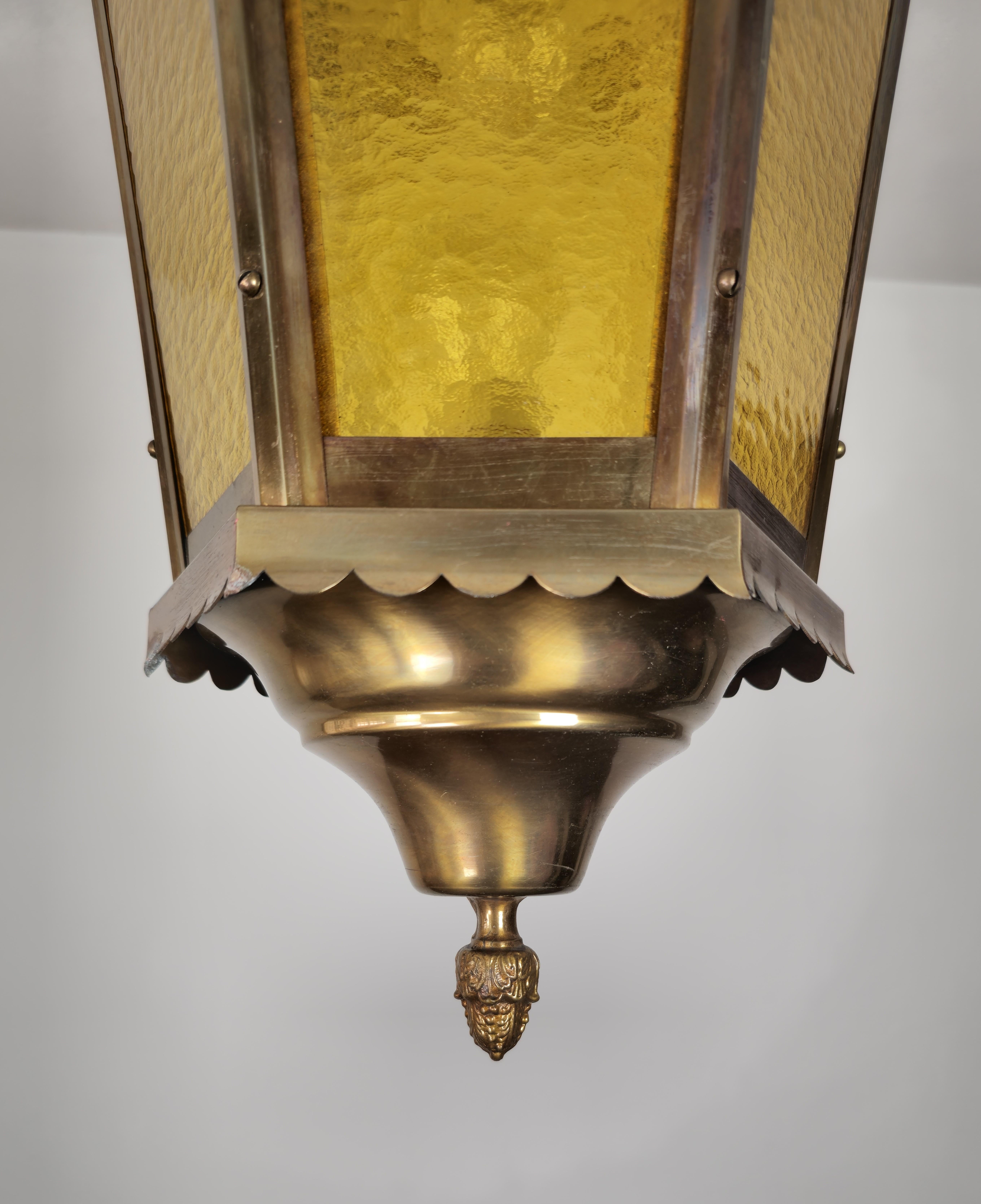 20th Century  Pendant Lantern Suspension Lamp Brass Glass Cathedral Midcentury Italy 1940s For Sale