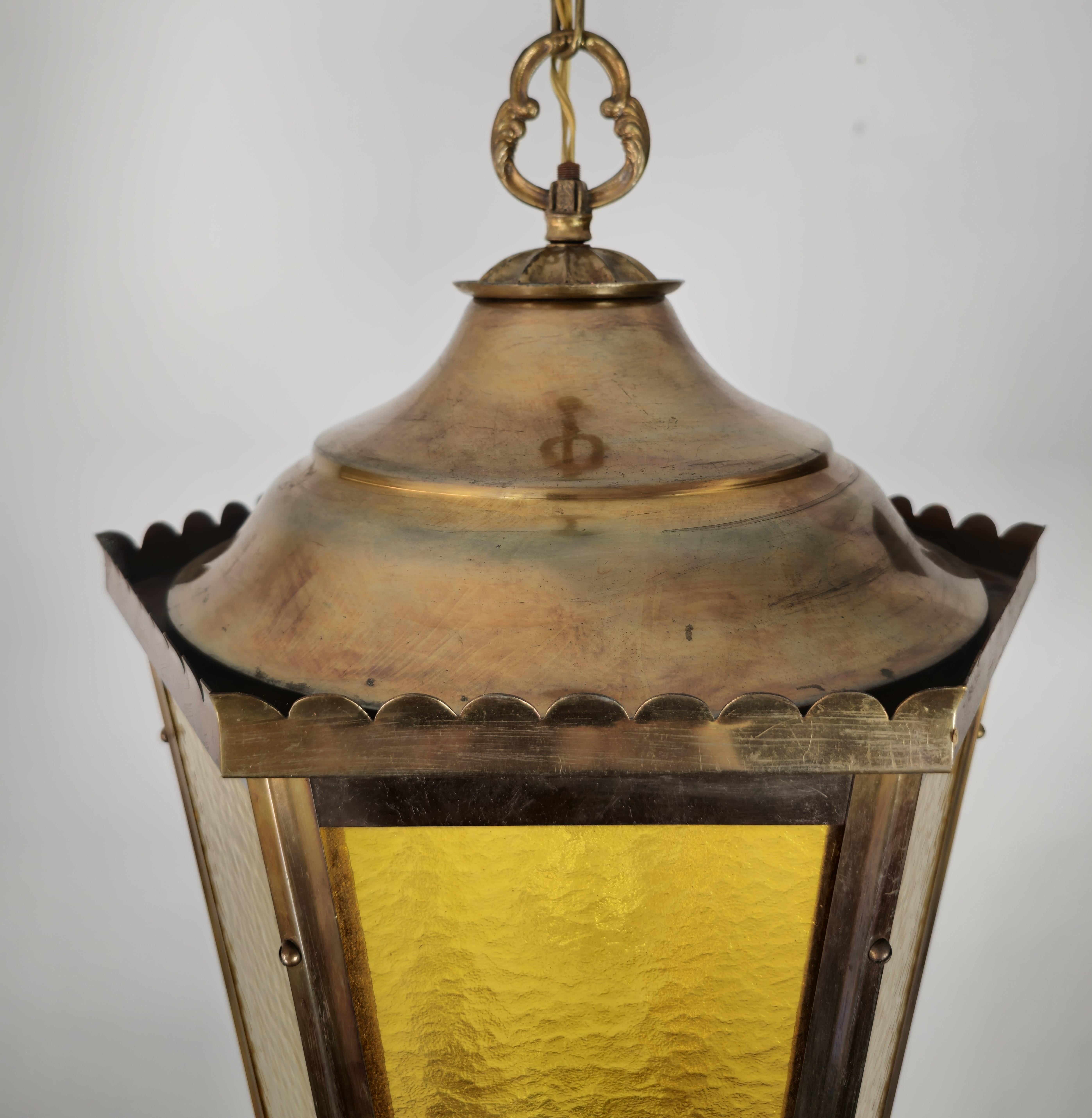  Pendant Lantern Suspension Lamp Brass Glass Cathedral Midcentury Italy 1940s For Sale 1