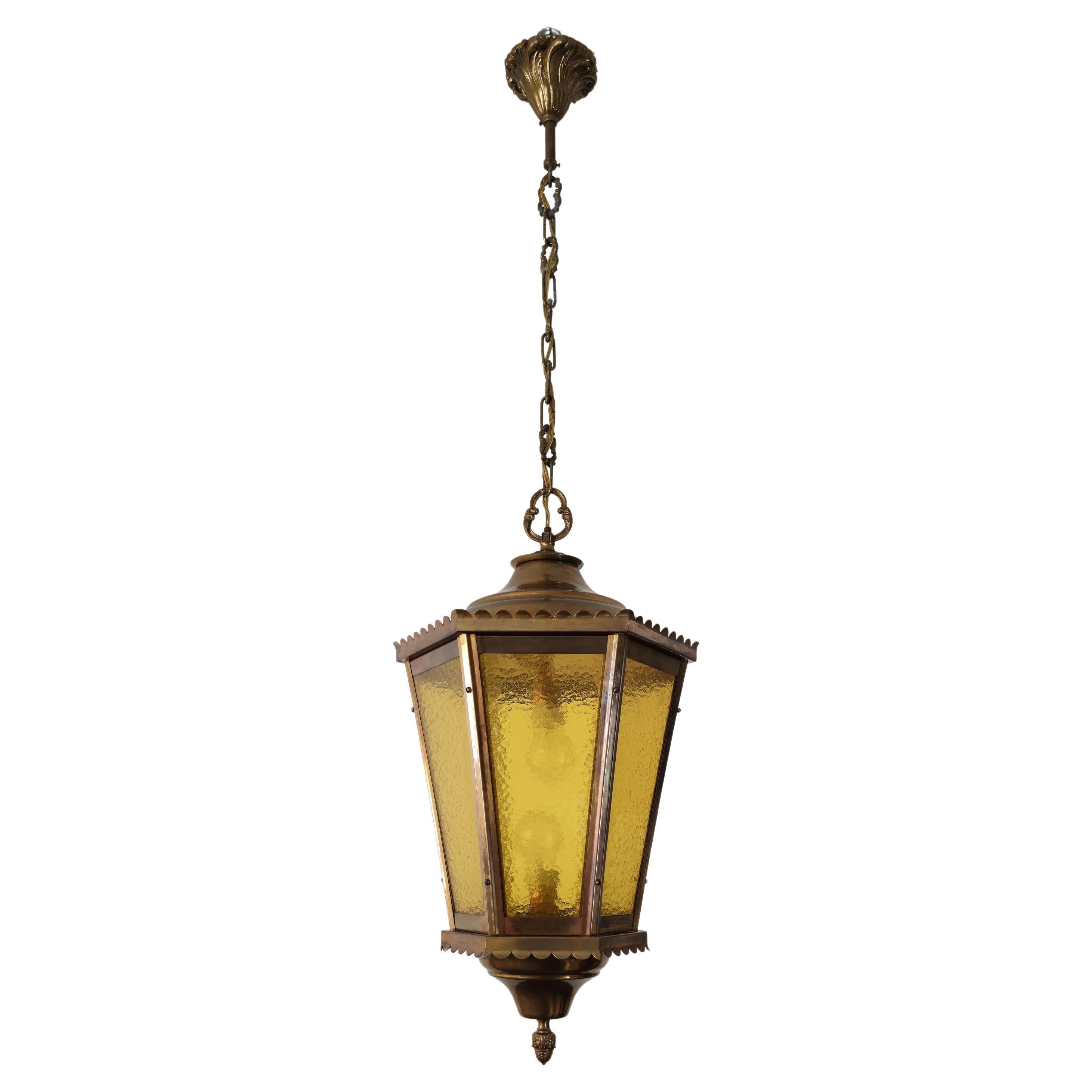 Pendant Lantern Suspension Lamp Brass Glass Cathedral Midcentury Italy 1940s For Sale