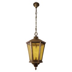 Vintage  Pendant Lantern Suspension Lamp Brass Glass Cathedral Midcentury Italy 1940s