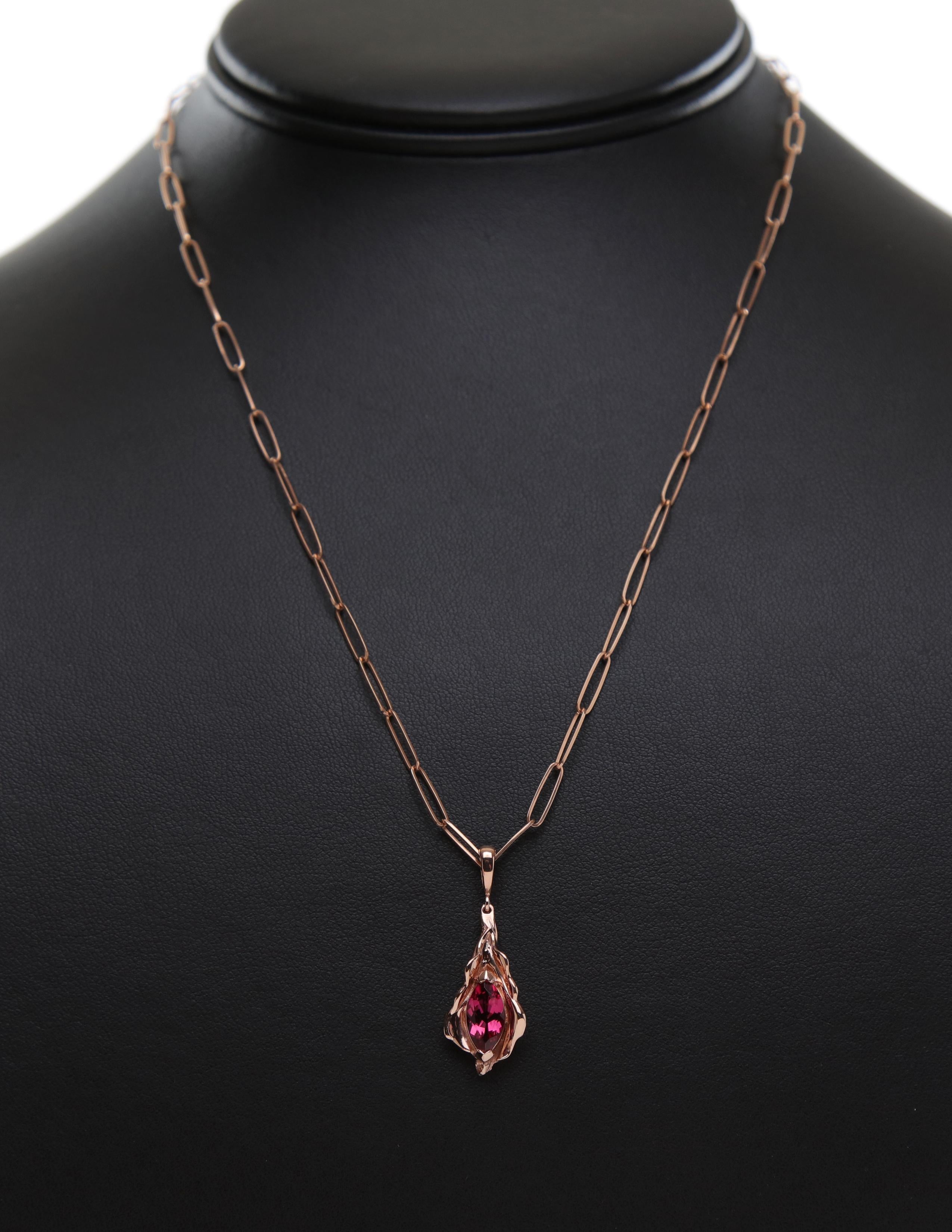 Marquise Cut Rose Gold and Rose Tourmaline Leaf Charm For Sale