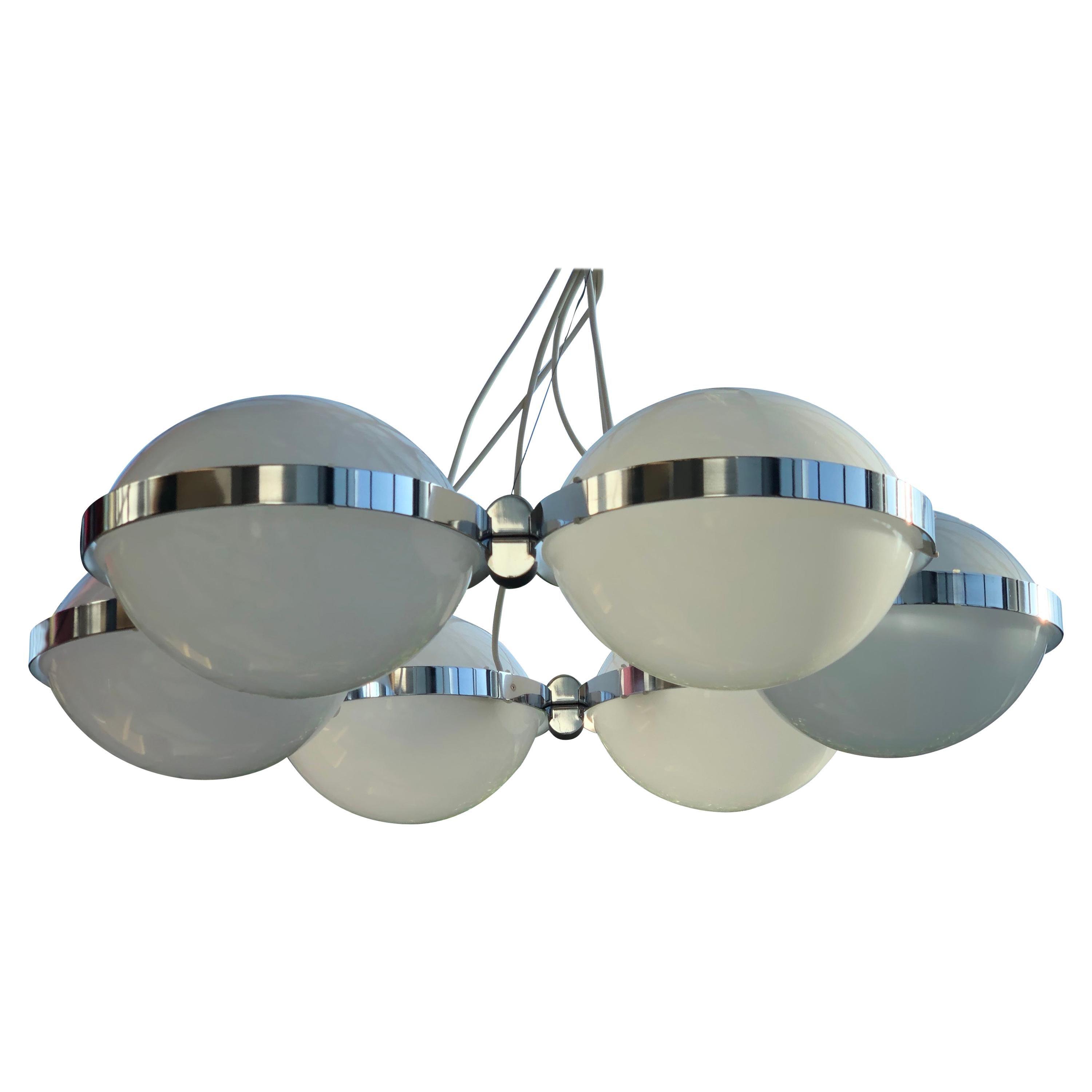 Pendant Light 6 Globes Chromed Metal and Plexiglass, 1970 For Sale