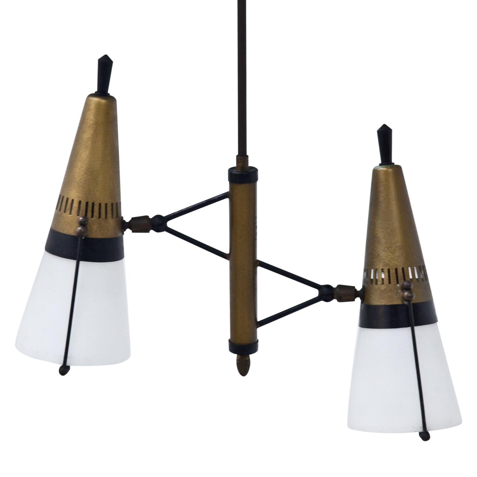 Pendant light with two conical, adjustable lamps with opaque glass shades on a long metal bar. 

For the electrification we assume no liability and no warranty.