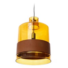 Pendelleuchte „Campana“ von J.T. Kalmar Kalmar, Bernsteinglas Leder Chrom Chrom, 1970